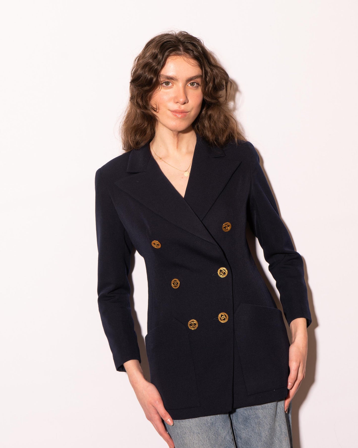 FR36-38 Chanel Cruise 1993 Fitted Cut Two Pocket Double Breasted Dark Navy Jacket - Vintage Chanel Jacket - - Rarchive.