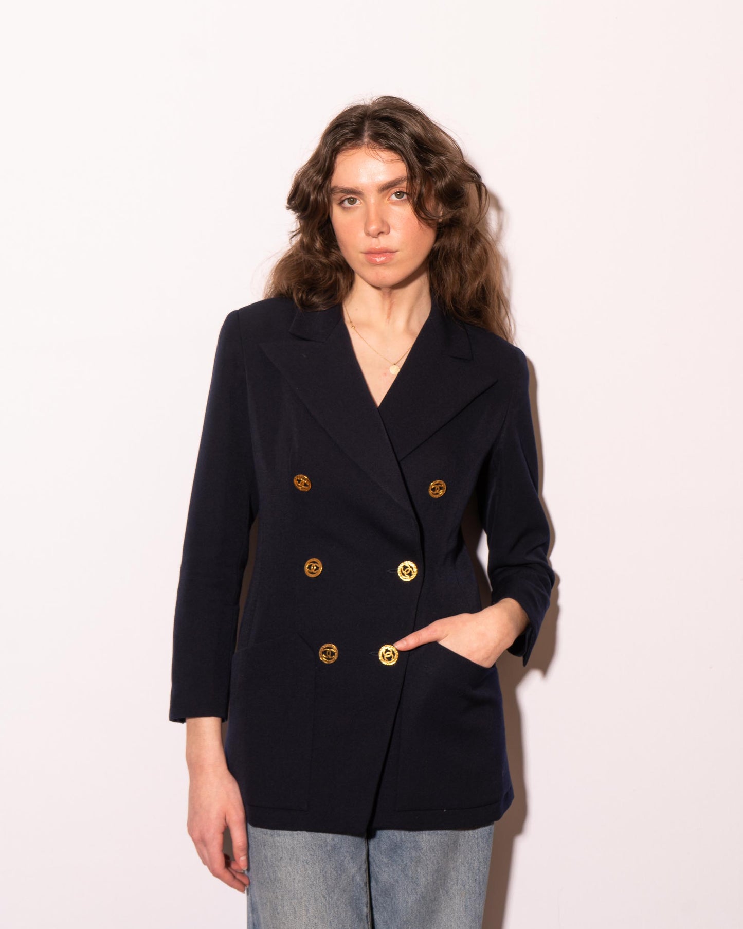 FR36-38 Chanel Cruise 1993 Fitted Cut Two Pocket Double Breasted Dark Navy Jacket - Vintage Chanel Jacket - - Rarchive.