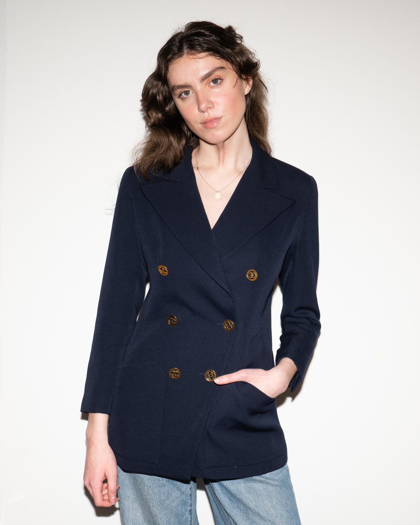 FR36-38 Chanel Cruise 1993 Fitted Cut Two Pocket Double Breasted Dark Navy Jacket - Vintage Chanel Jacket - - Rarchive.