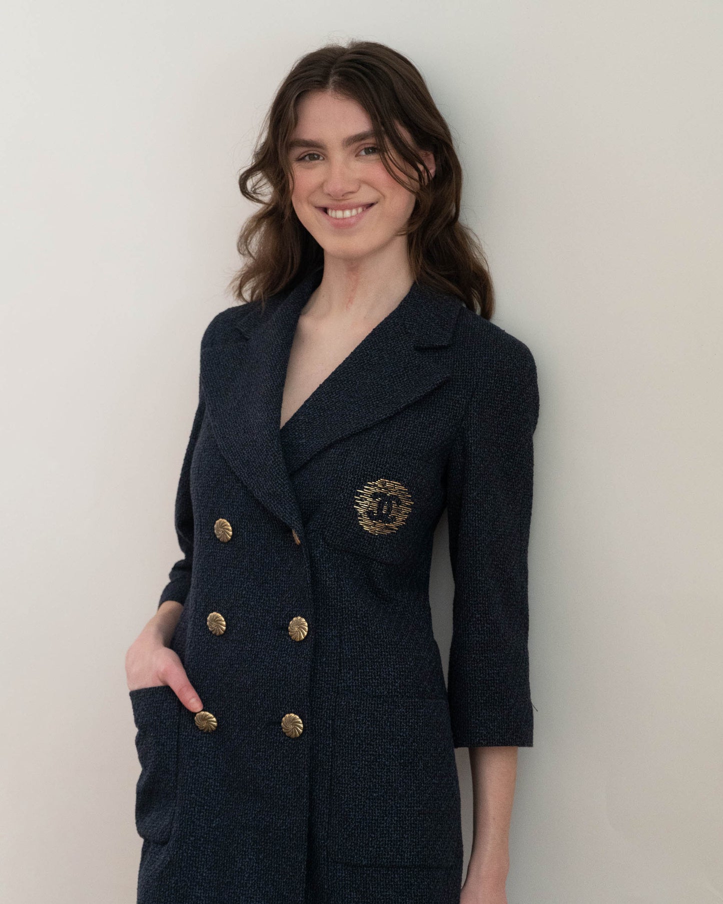 FR36-38 Chanel Spring 2012 Three Pocket Interlocking C Embroidered Logo Navy Tweed Double Breasted Jacket - Vintage Chanel Jacket - - Rarchive.
