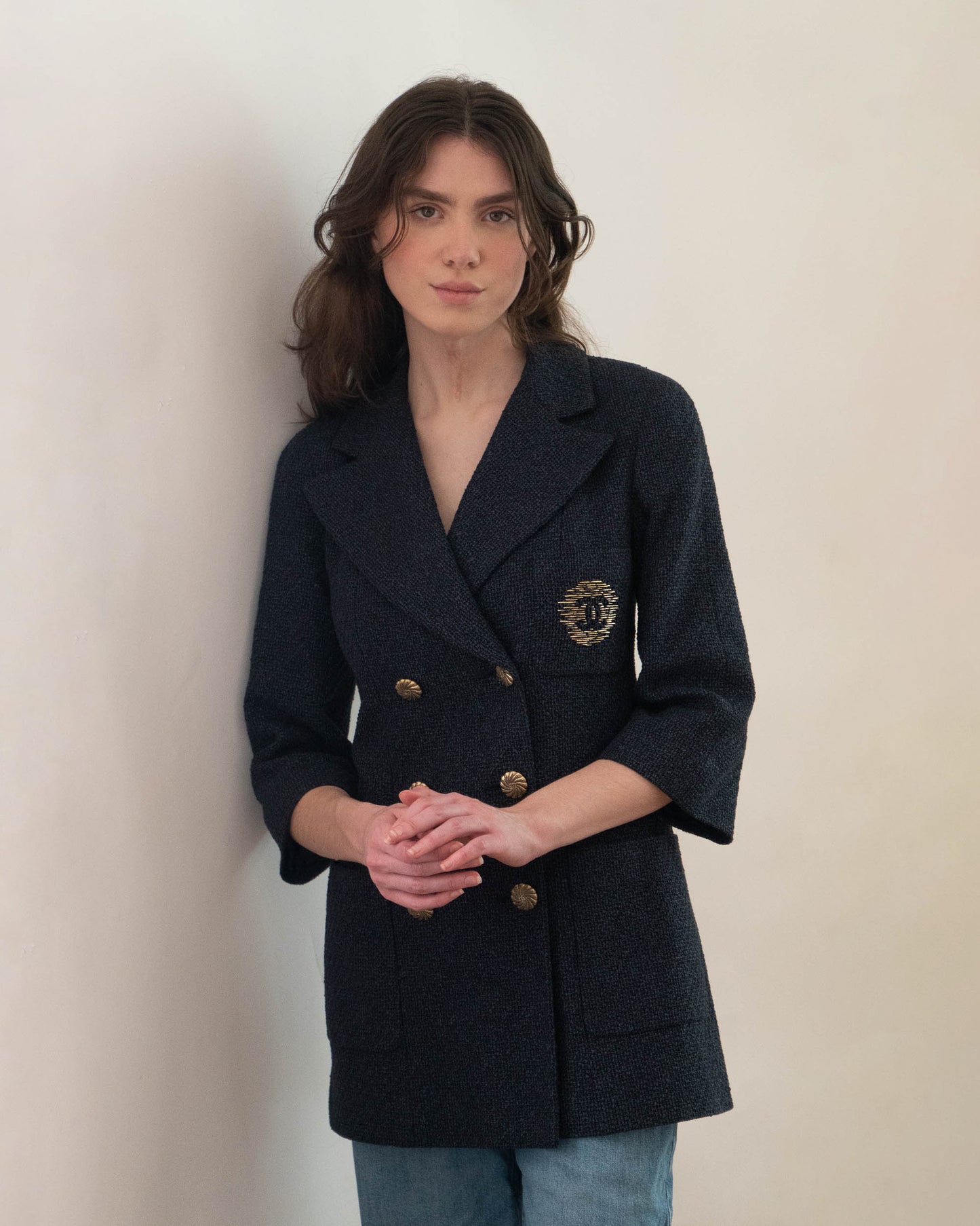 FR36-38 Chanel Spring 2012 Three Pocket Interlocking C Embroidered Logo Navy Tweed Double Breasted Jacket - Vintage Chanel Jacket - - Rarchive.
