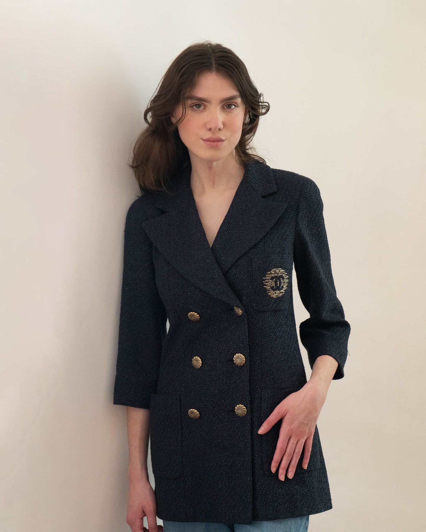 FR36-38 Chanel Spring 2012 Three Pocket Interlocking C Embroidered Logo Navy Tweed Double Breasted Jacket - Vintage Chanel Jacket - - Rarchive.