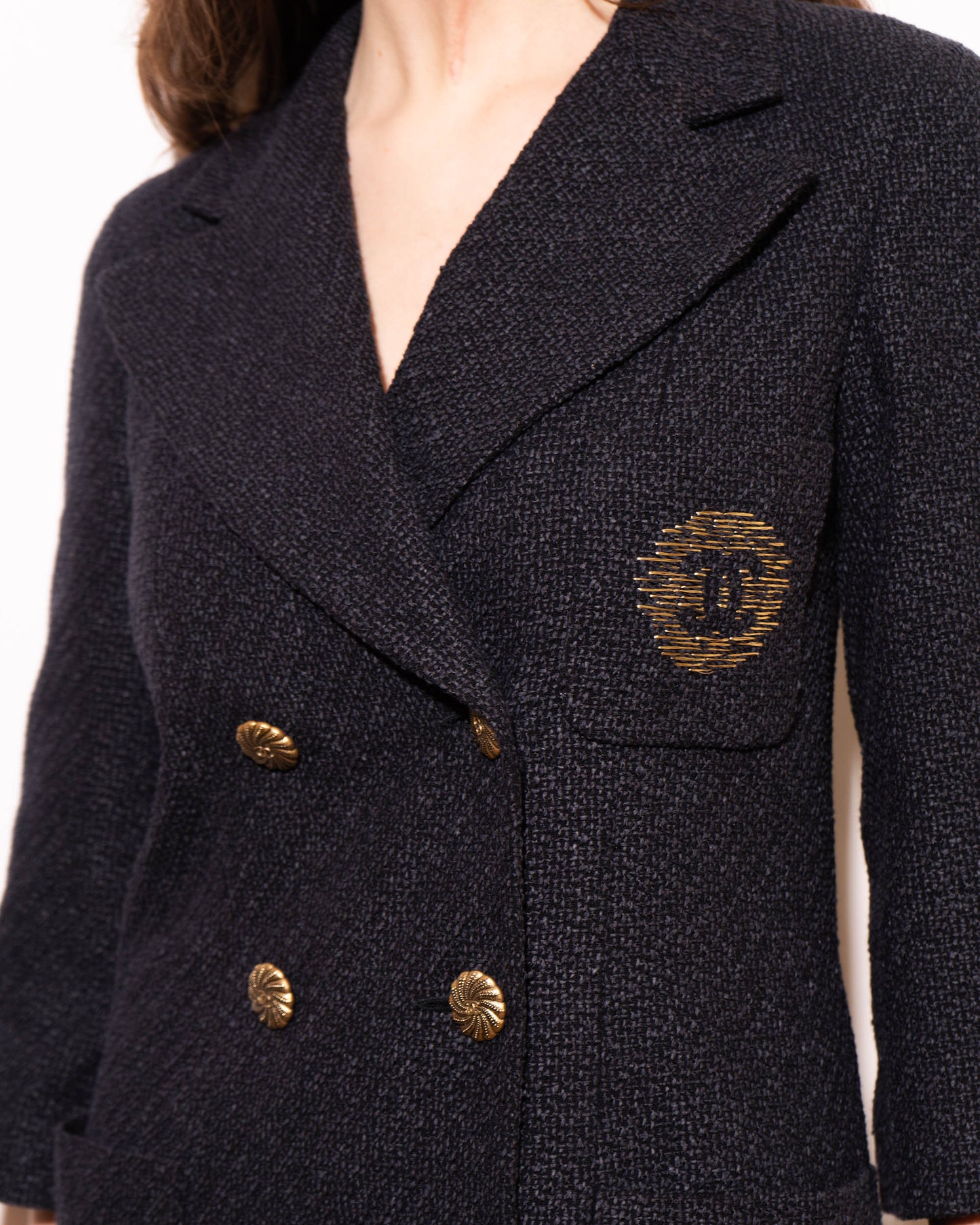 FR36-38 Chanel Spring 2012 Three Pocket Interlocking C Embroidered Logo Navy Tweed Double Breasted Jacket - Vintage Chanel Jacket - - Rarchive.