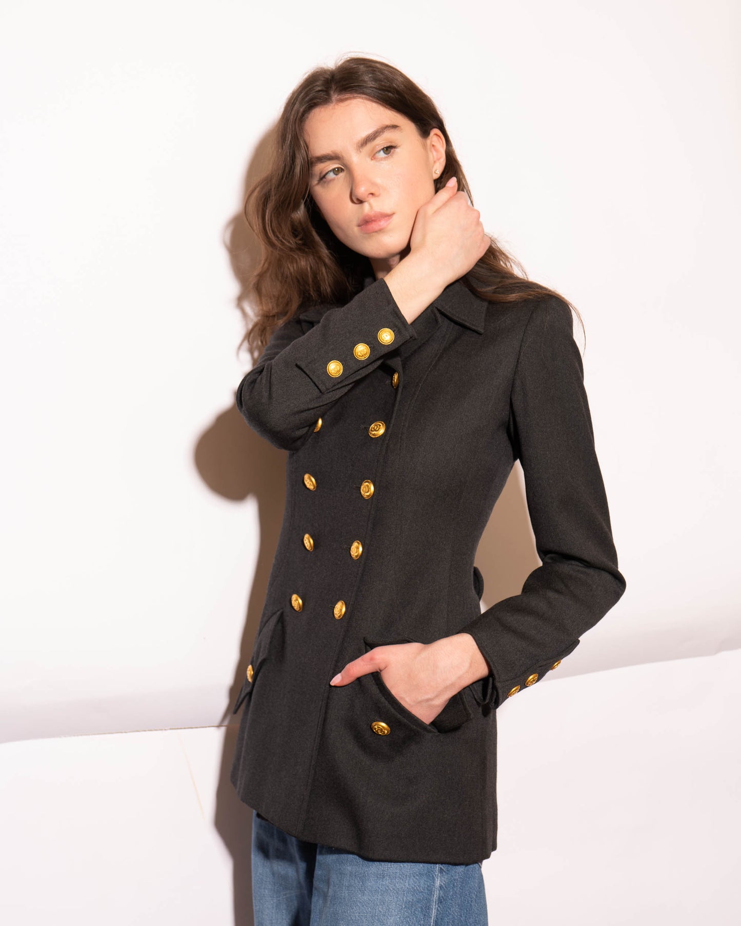 FR36-38 Rare Chanel Fall 1996 High Collar Two Pocket Doube Breasted Soft Wool Jacket - Vintage Chanel Jacket -   - Rarchive.