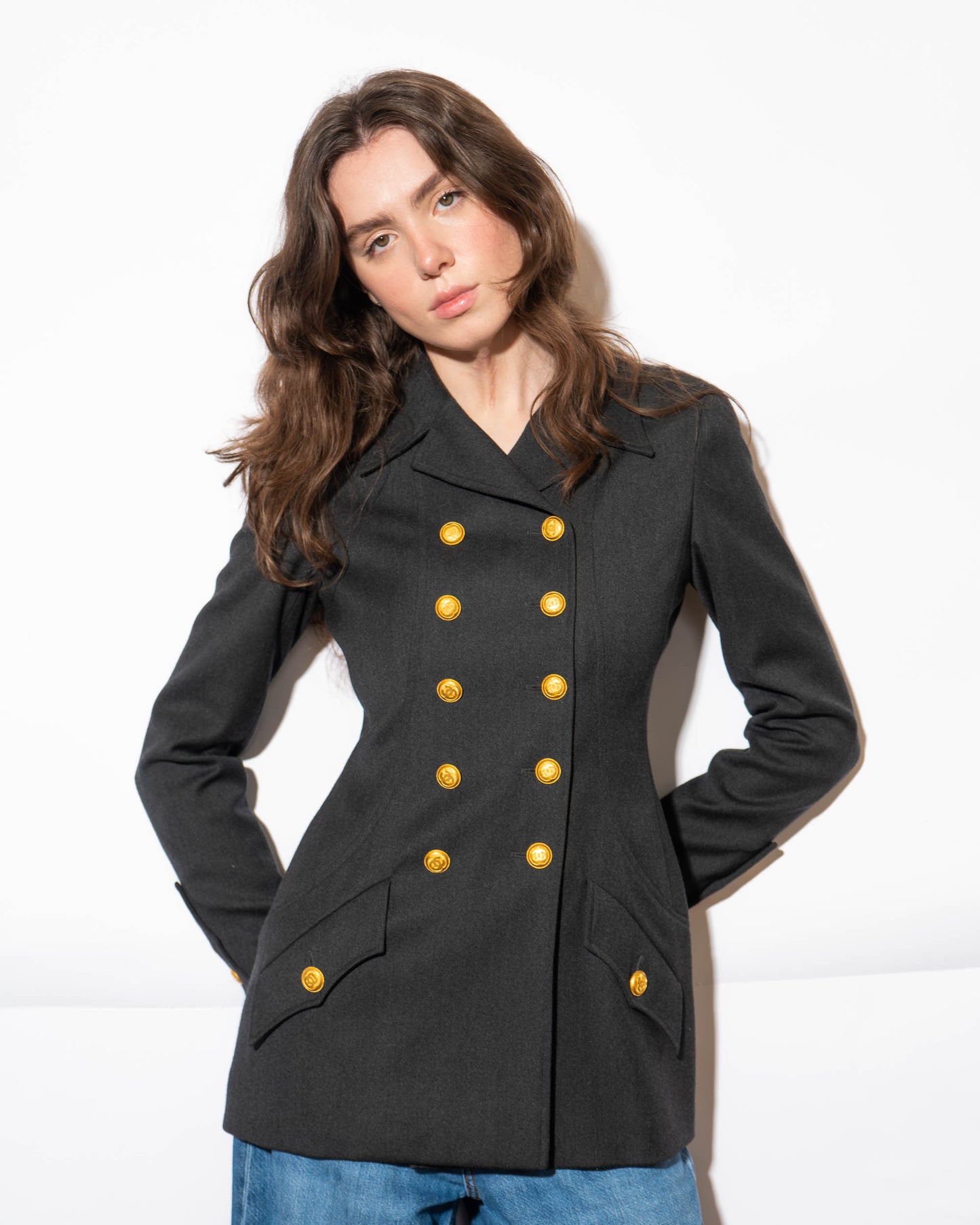 FR36-38 Rare Chanel Fall 1996 High Collar Two Pocket Doube Breasted Soft Wool Jacket - Vintage Chanel Jacket - - Rarchive.