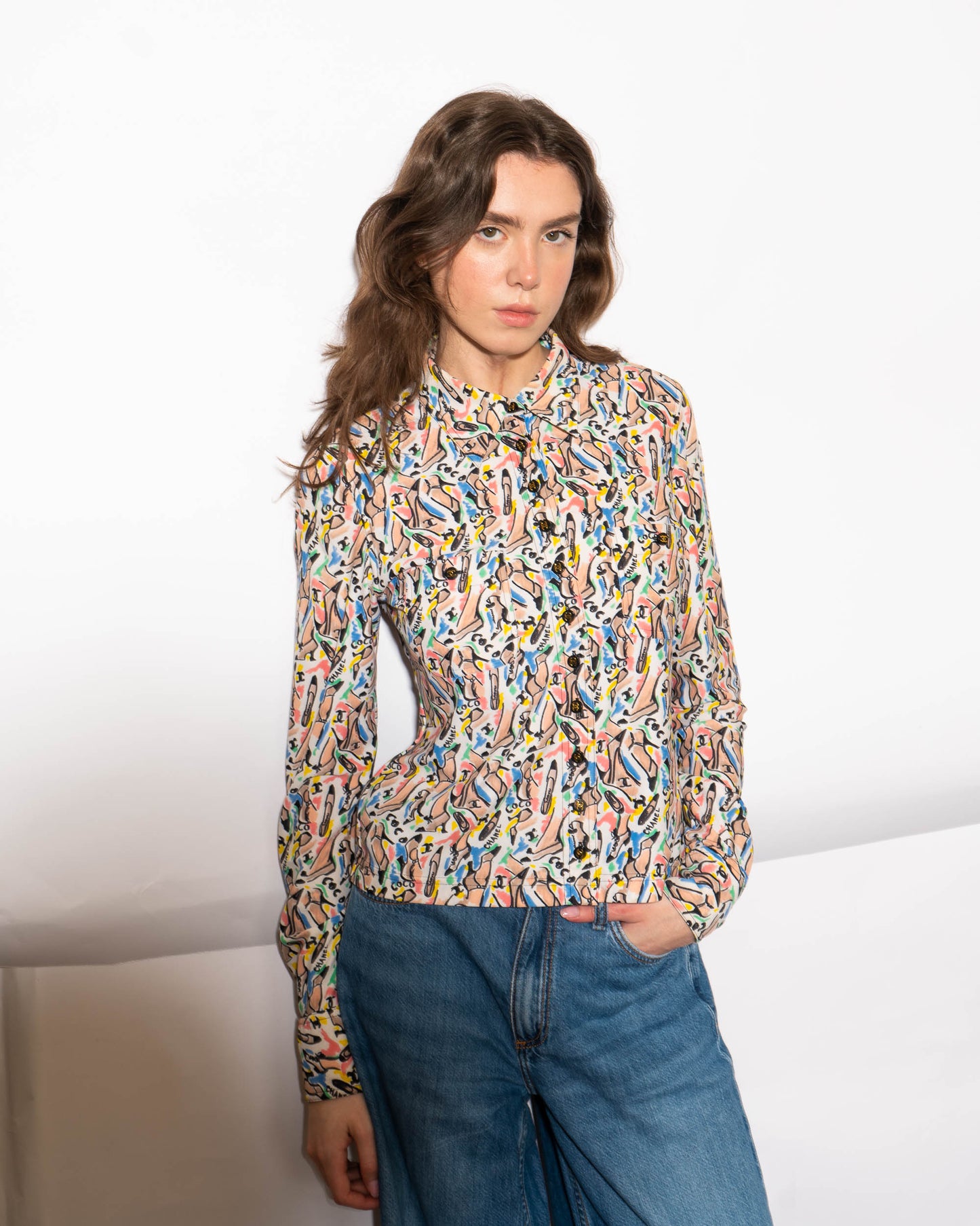 FR36-8 Rare Chanel Spring 1995 Shoe Print Two Pocket Button Down Shirt - Vintage Chanel Jacket -   - Rarchive.