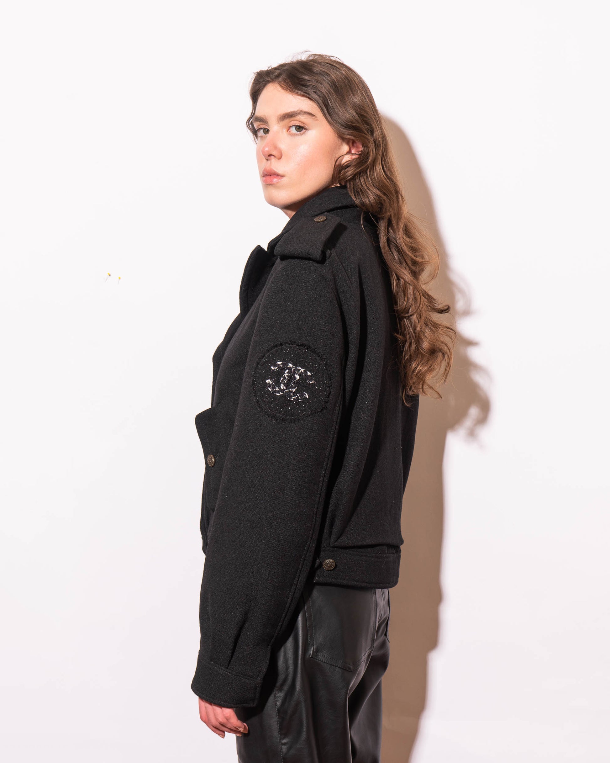 FR42-44 Chanel Fall 2012 CC Logo Patch Black Wool Bomber Jacket - Vintage Chanel Jacket -   - Rarchive.