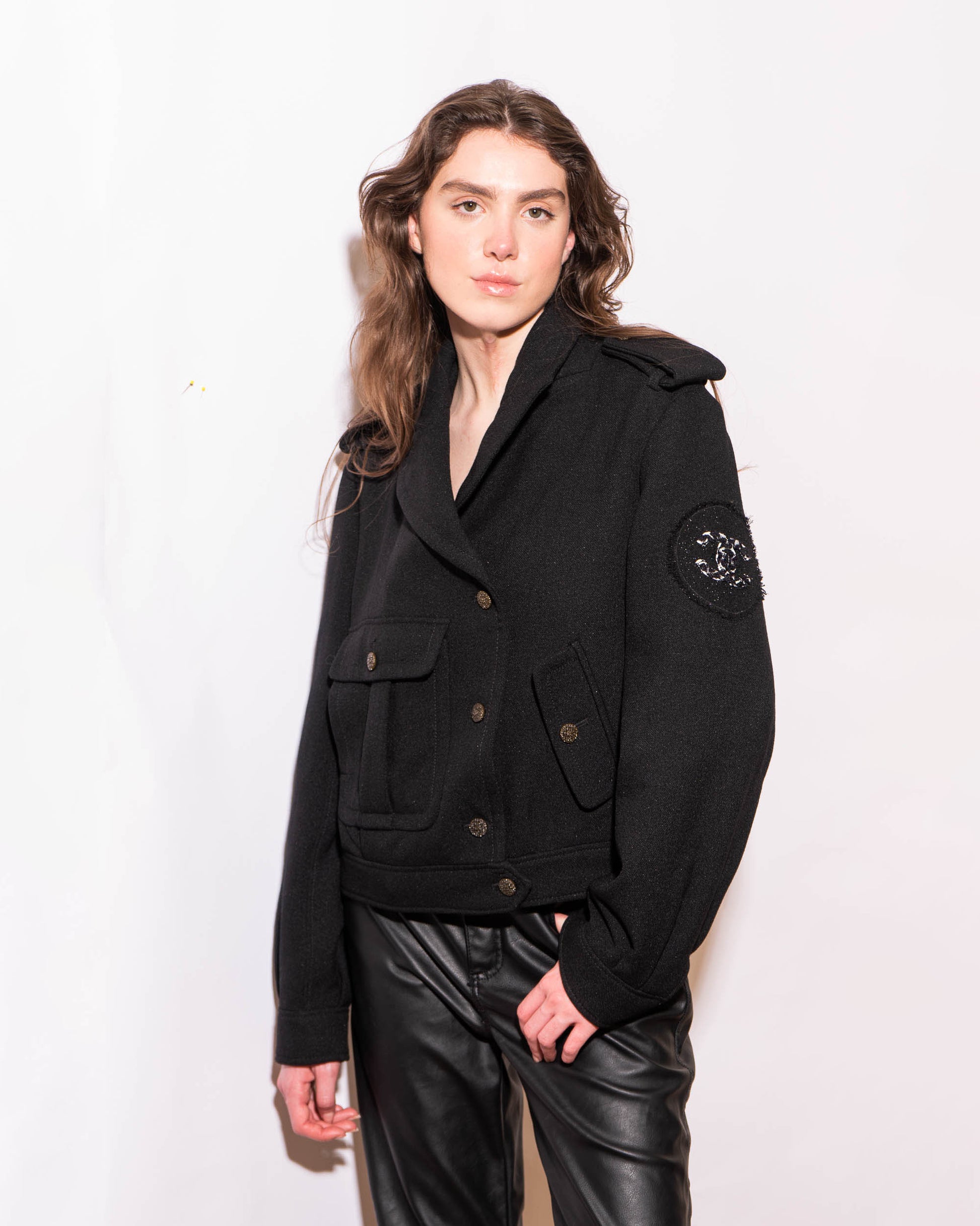 FR42-44 Chanel Fall 2012 CC Logo Patch Black Wool Bomber Jacket - Vintage Chanel Jacket -   - Rarchive.