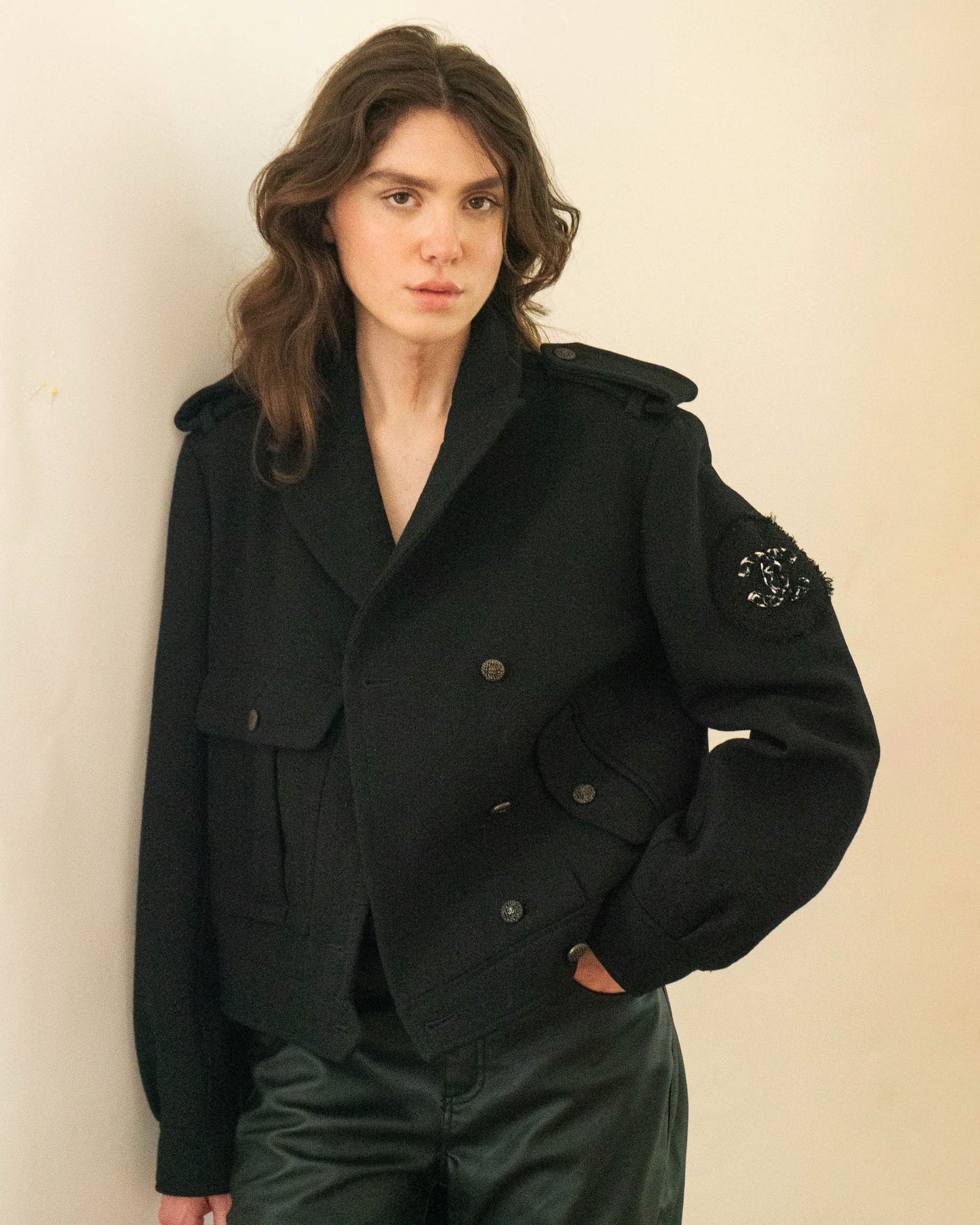 FR42-44 Chanel Fall 2012 CC Logo Patch Black Wool Bomber Jacket - Vintage Chanel Jacket -   - Rarchive.