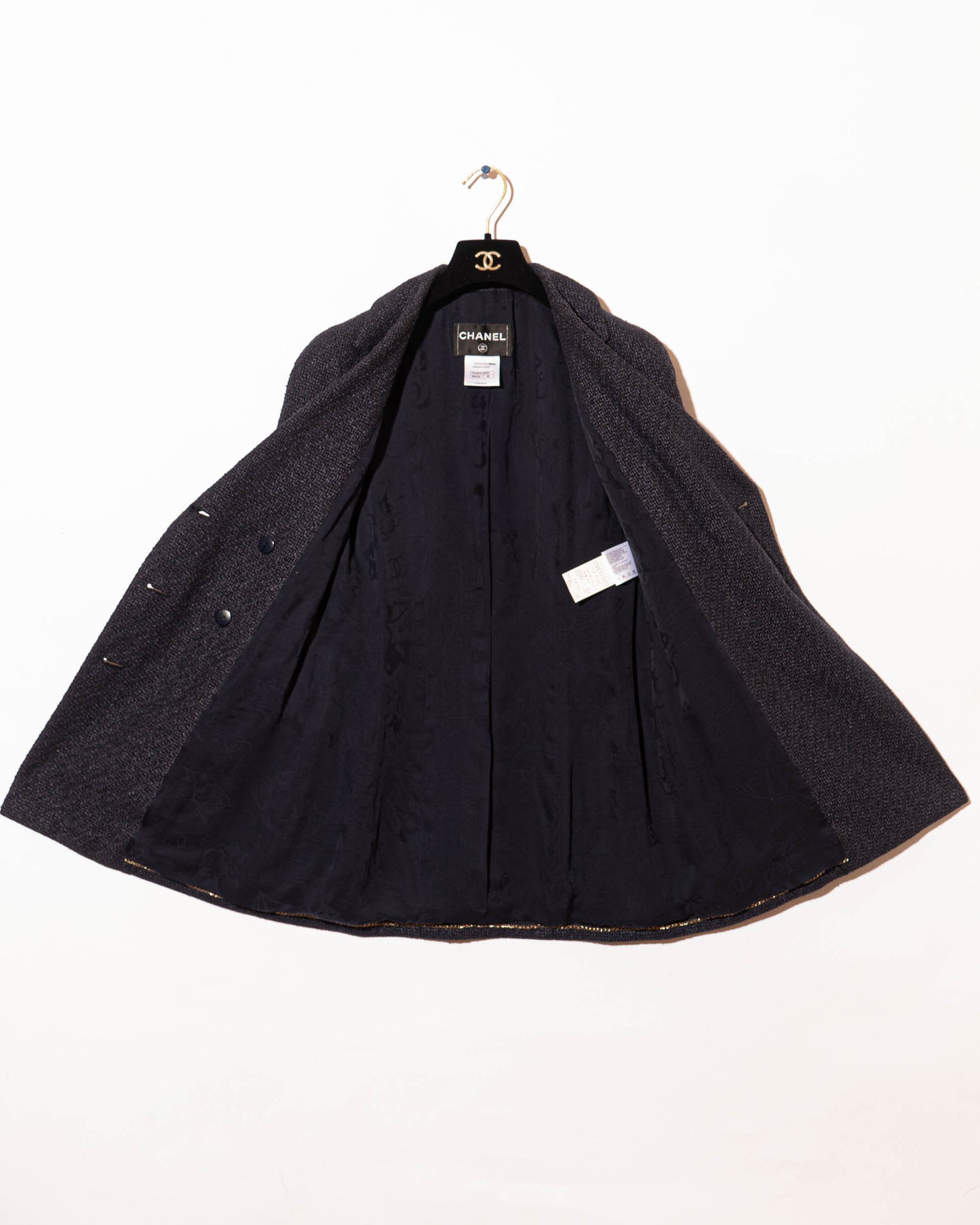 FR36-38 Chanel Spring 2012 Three Pocket Interlocking C Embroidered Logo Navy Tweed Double Breasted Jacket - Vintage Chanel Jacket -   - Rarchive.