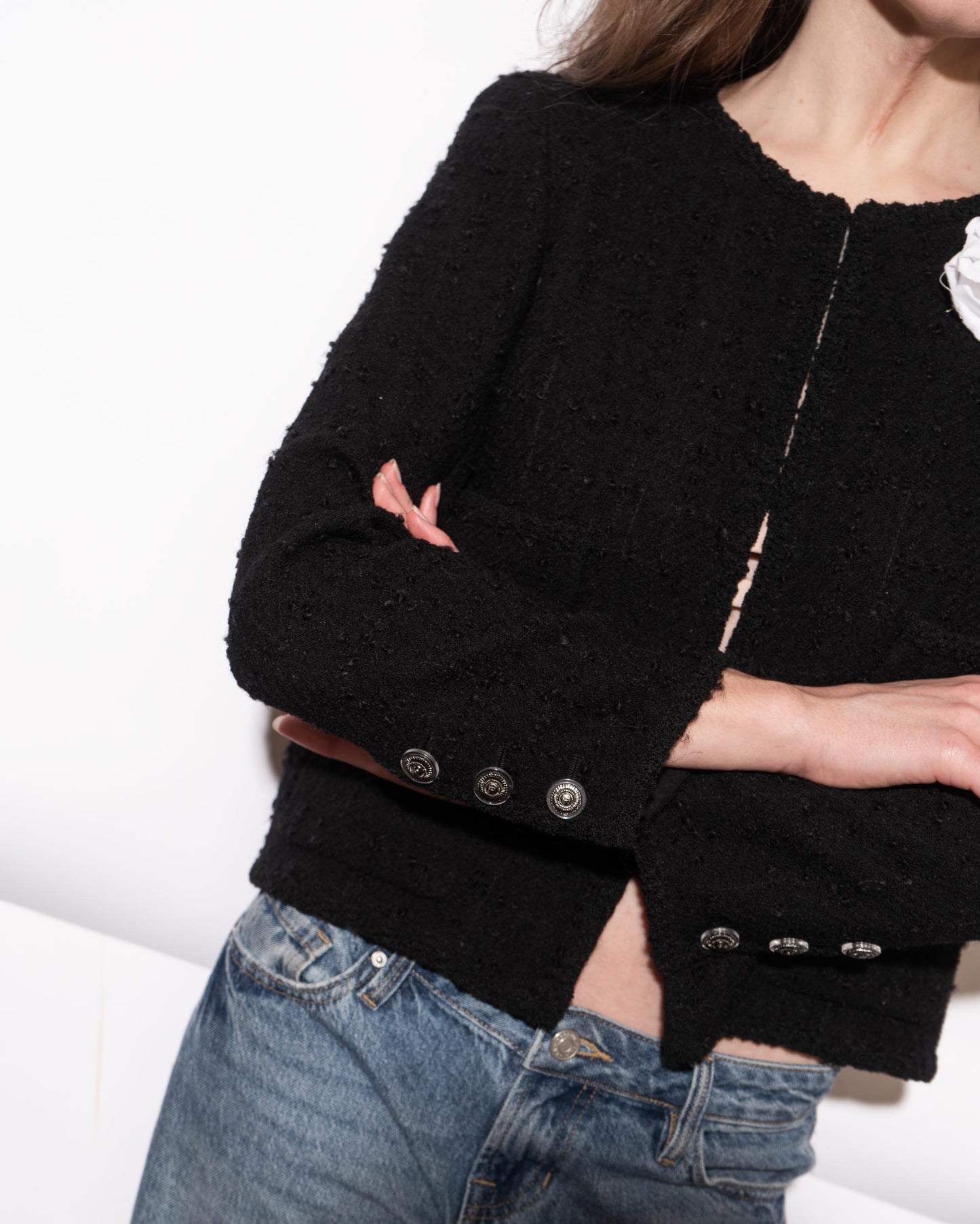 FR38-40 Chanel Fall 2009 Classic Timeless Collarless Four Pocket Black Tweed Jacket - Vintage Chanel Jacket -   - Rarchive.