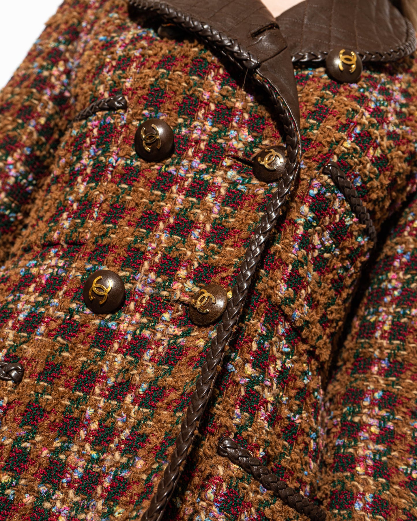 FR40-42 Rare Chanel Fall 1992 Double Breasted Four Pocket Leather Detailing Fantasy Tweed Jacket - Vintage Chanel Jacket - Jacket - Rarchive.