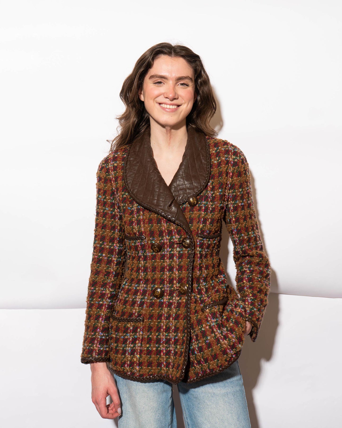 FR40-42 Rare Chanel Fall 1992 Double Breasted Four Pocket Leather Detailing Fantasy Tweed Jacket - Vintage Chanel Jacket - Jacket - Rarchive.