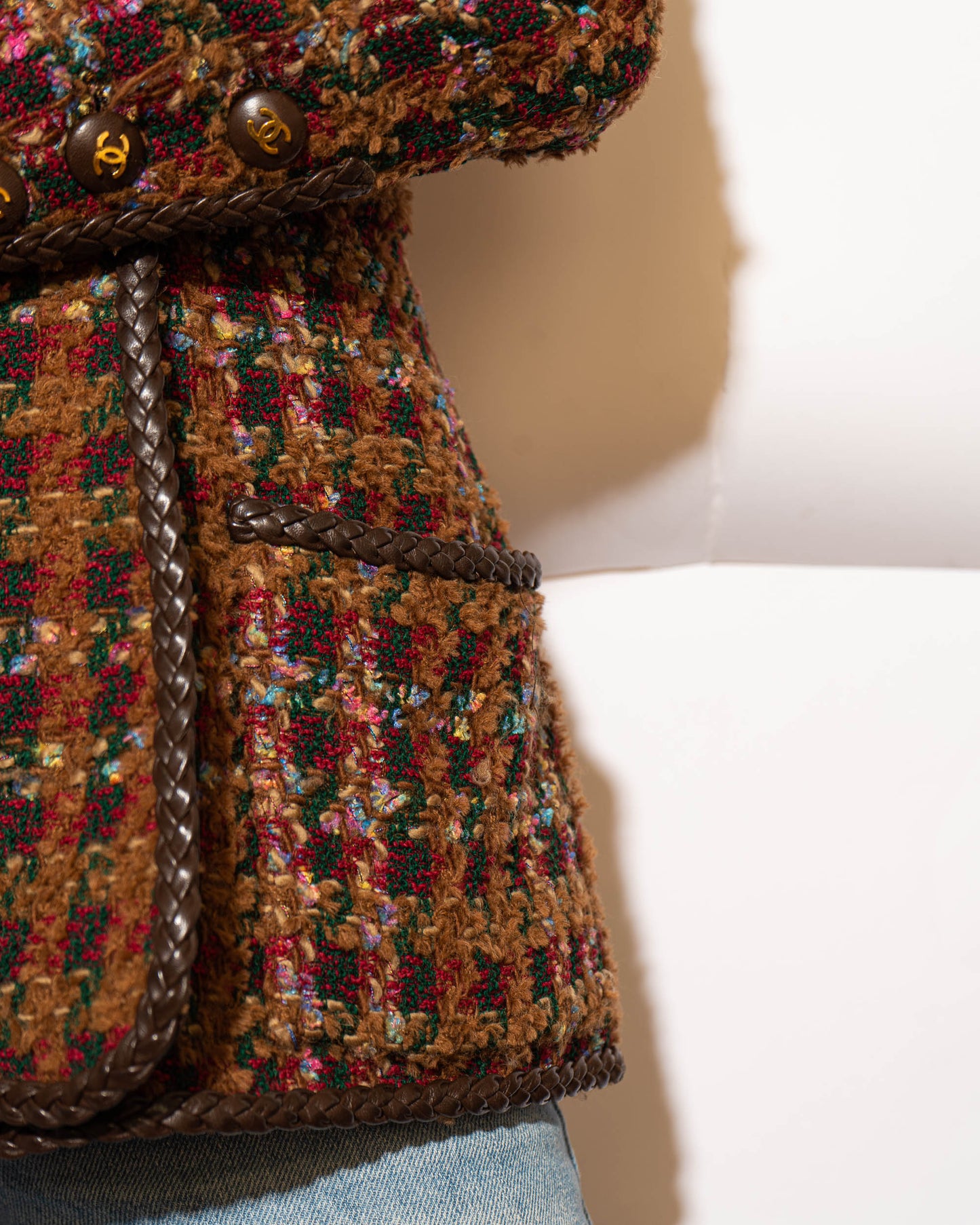 FR40-42 Rare Chanel Fall 1992 Double Breasted Four Pocket Leather Detailing Fantasy Tweed Jacket - Vintage Chanel Jacket - Jacket - Rarchive.