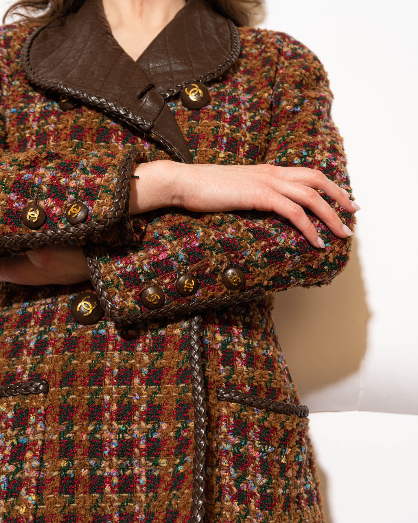 FR40-42 Rare Chanel Fall 1992 Double Breasted Four Pocket Leather Detailing Fantasy Tweed Jacket - Vintage Chanel Jacket - Jacket - Rarchive.