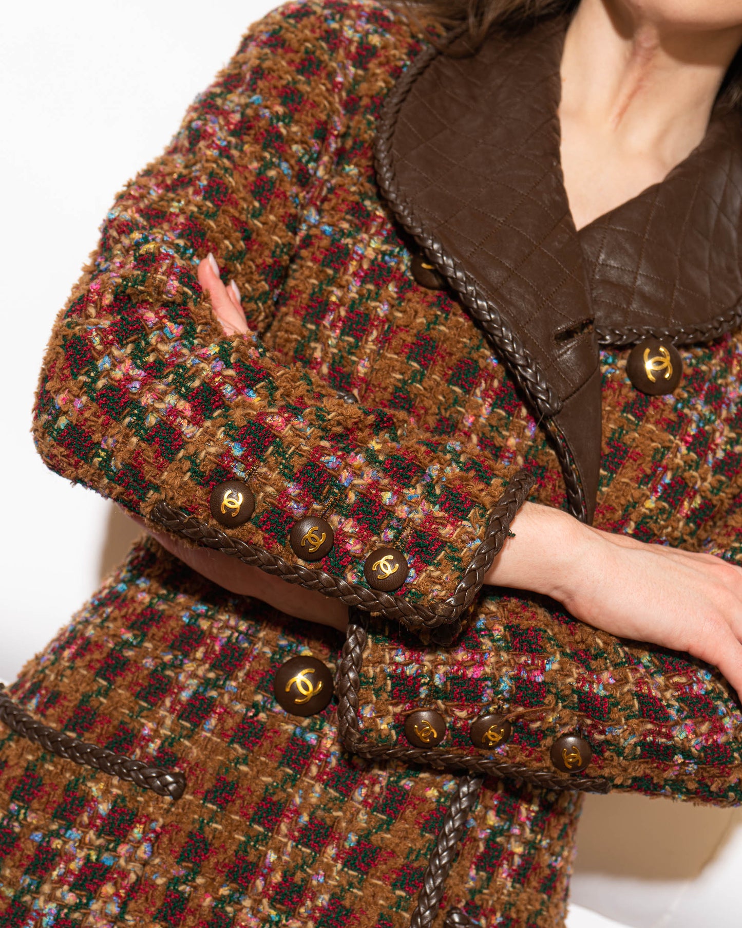 FR40-42 Rare Chanel Fall 1992 Double Breasted Four Pocket Leather Detailing Fantasy Tweed Jacket - Vintage Chanel Jacket - Jacket - Rarchive.