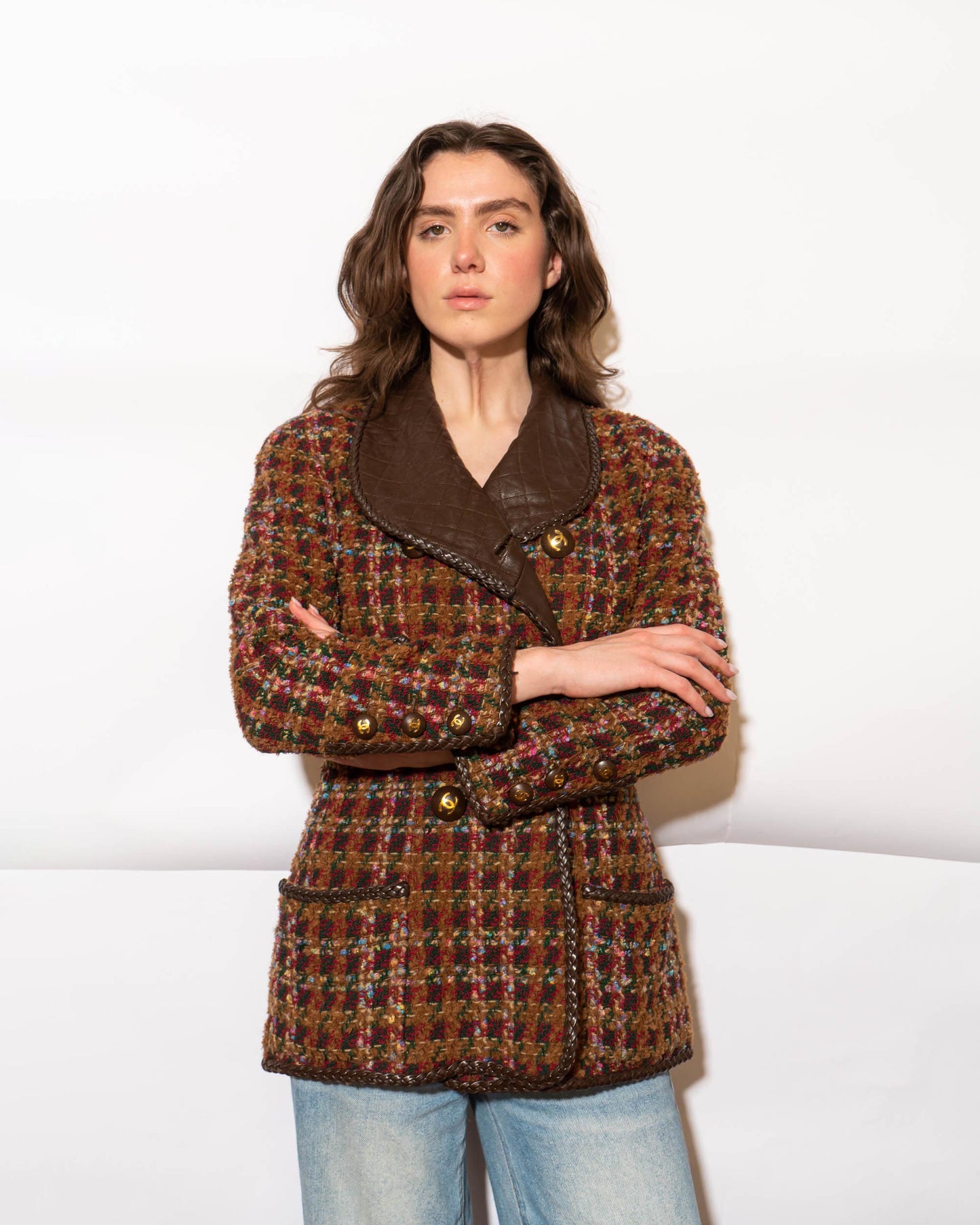 FR40-42 Rare Chanel Fall 1992 Double Breasted Four Pocket Leather Detailing Fantasy Tweed Jacket - Vintage Chanel Jacket - Jacket - Rarchive.