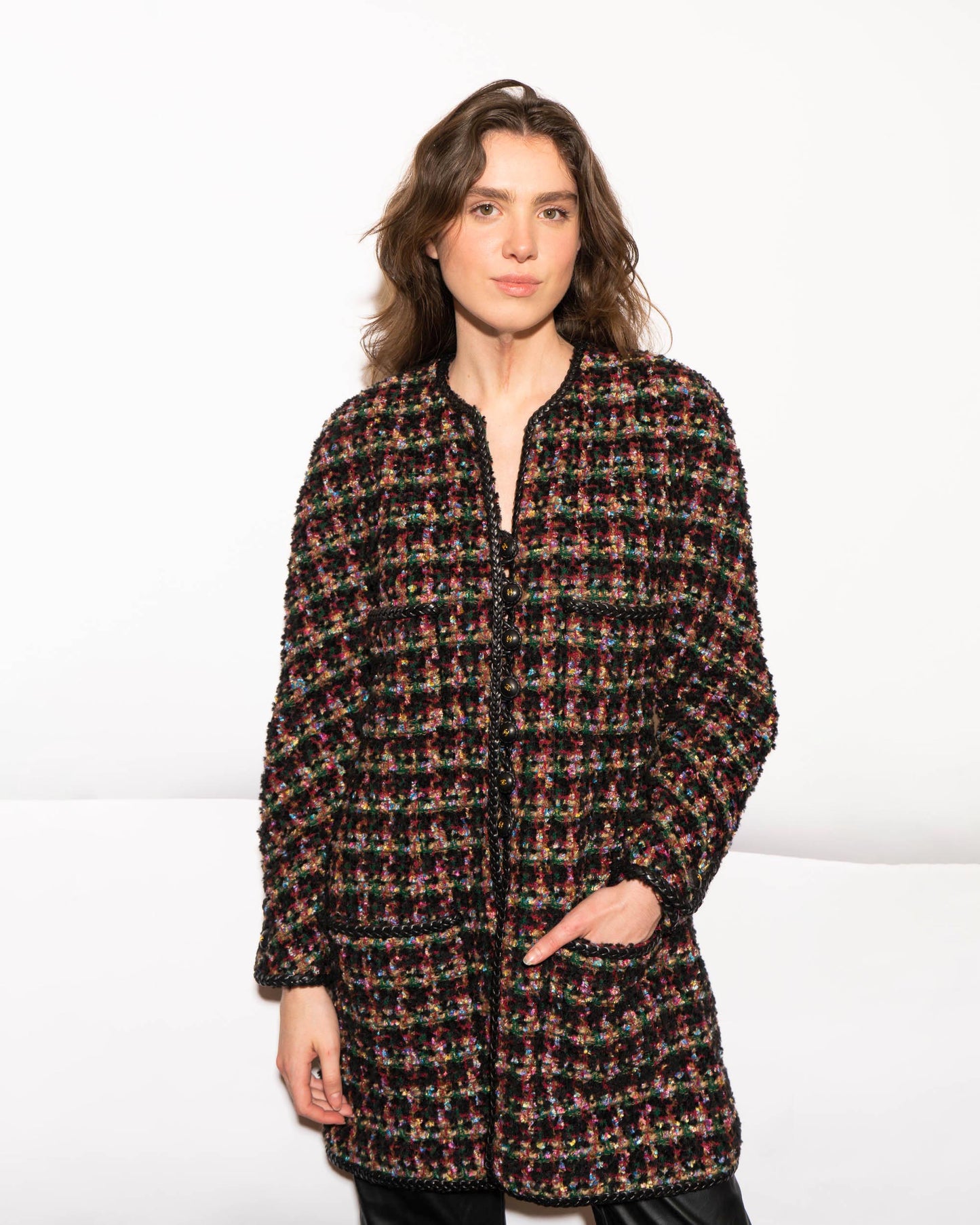 FR38-40 Rare Chanel Fall 1992 Four Pocket Leather Trim Fantasy Tweed Coat - Vintage Chanel Jacket - Jacket - Rarchive.