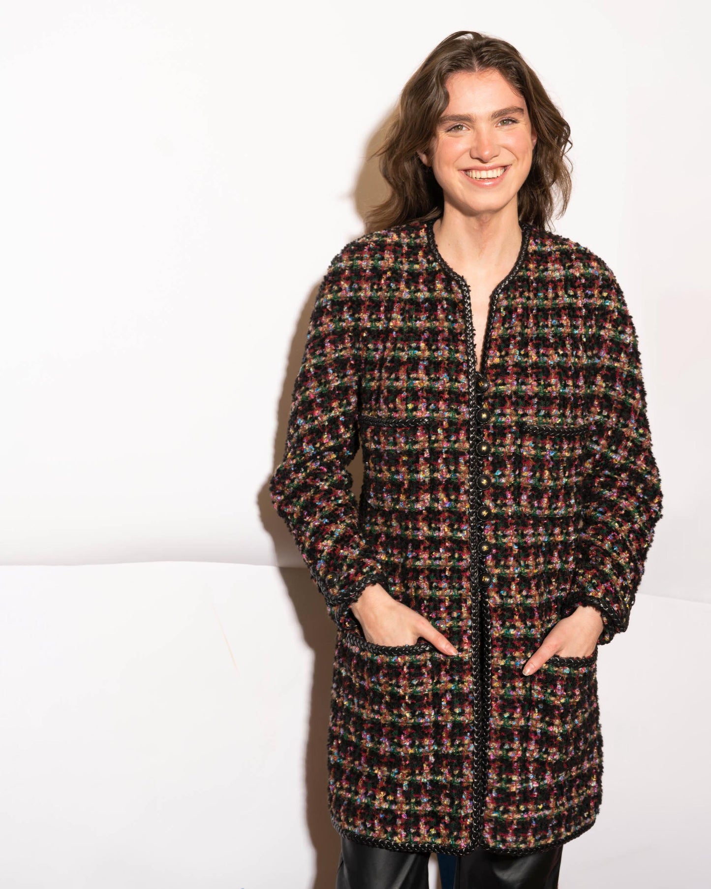 FR38-40 Rare Chanel Fall 1992 Four Pocket Leather Trim Fantasy Tweed Coat - Vintage Chanel Jacket - Jacket - Rarchive.