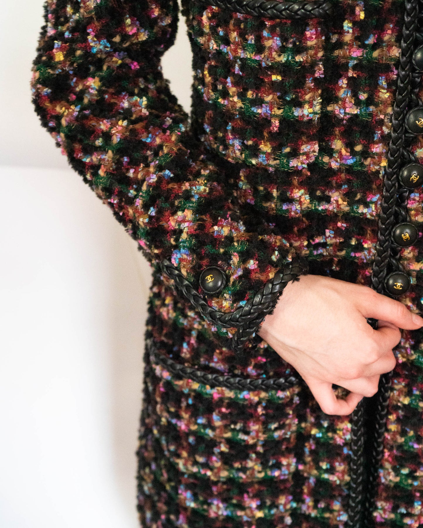 FR38-40 Rare Chanel Fall 1992 Four Pocket Leather Trim Fantasy Tweed Coat - Vintage Chanel Jacket - Jacket - Rarchive.