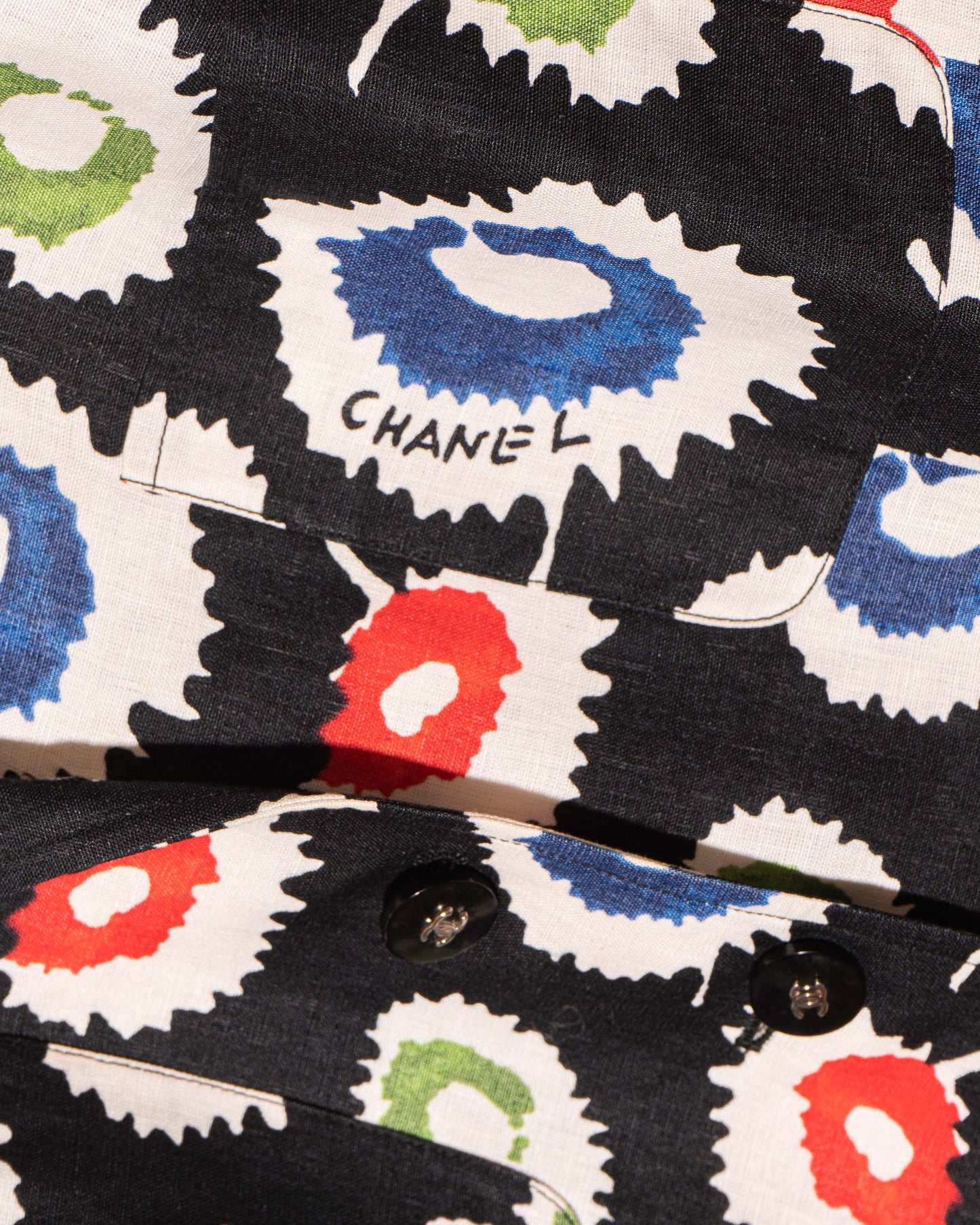 FR36-38 Chanel Spring 1997 Two Pocket Silk Lined Printed Linen Vest