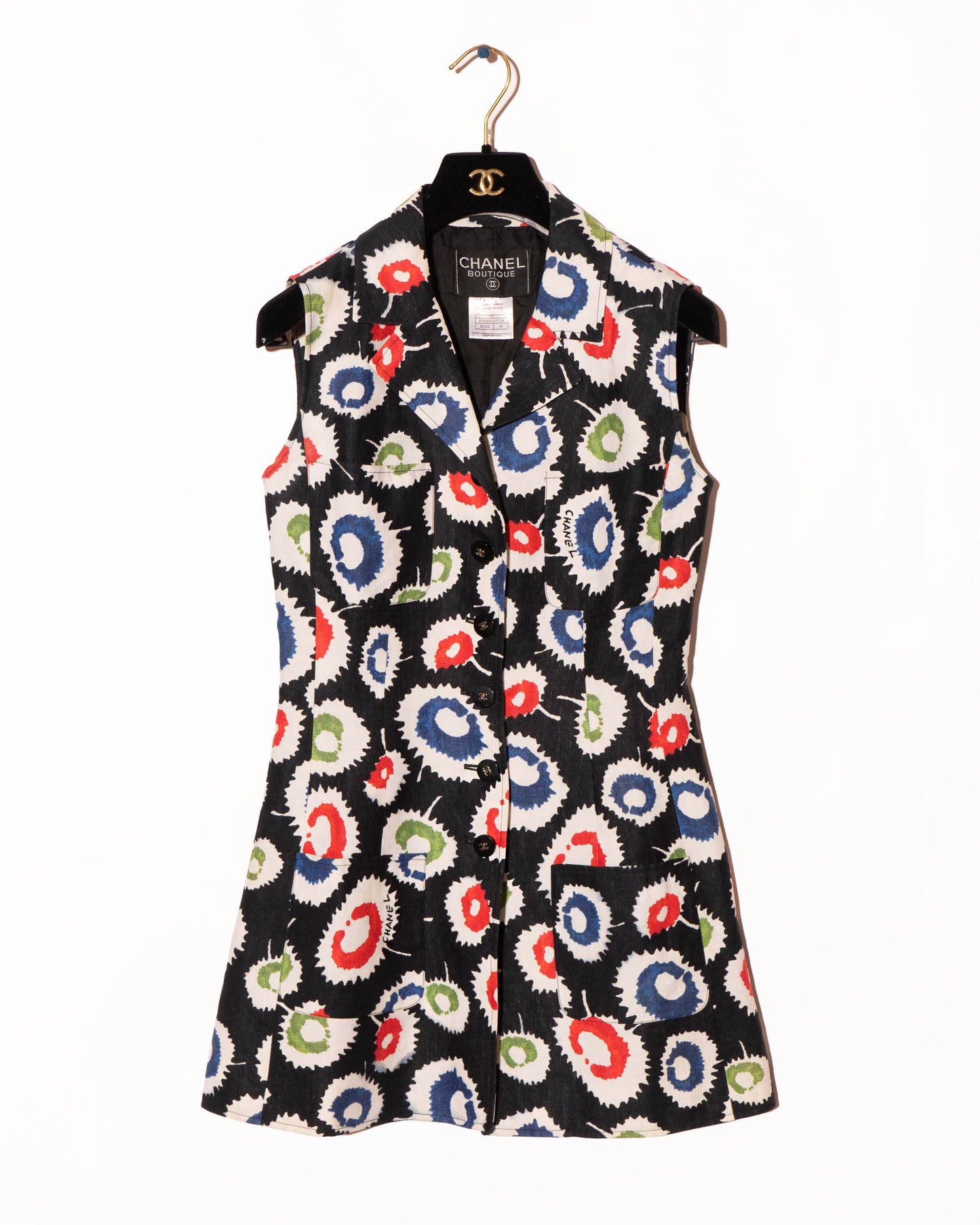 FR36-38 Chanel Spring 1997 Two Pocket Silk Lined Printed Linen Vest