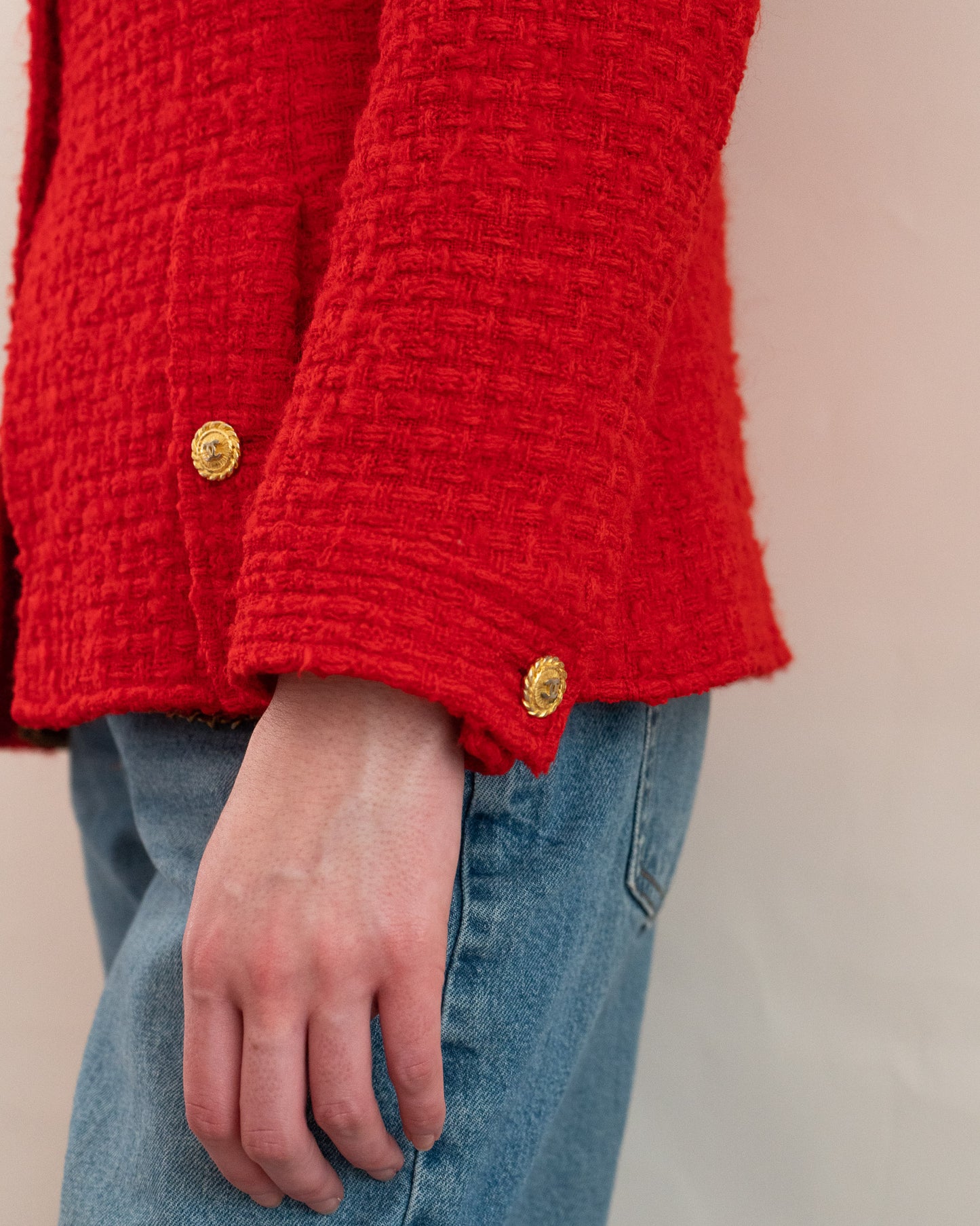 FR38-40 Rare Chanel Spring 1989 Four Pocket Collarless Red Wool Tweed Jacket - Vintage Chanel Jacket - - Rarchive.