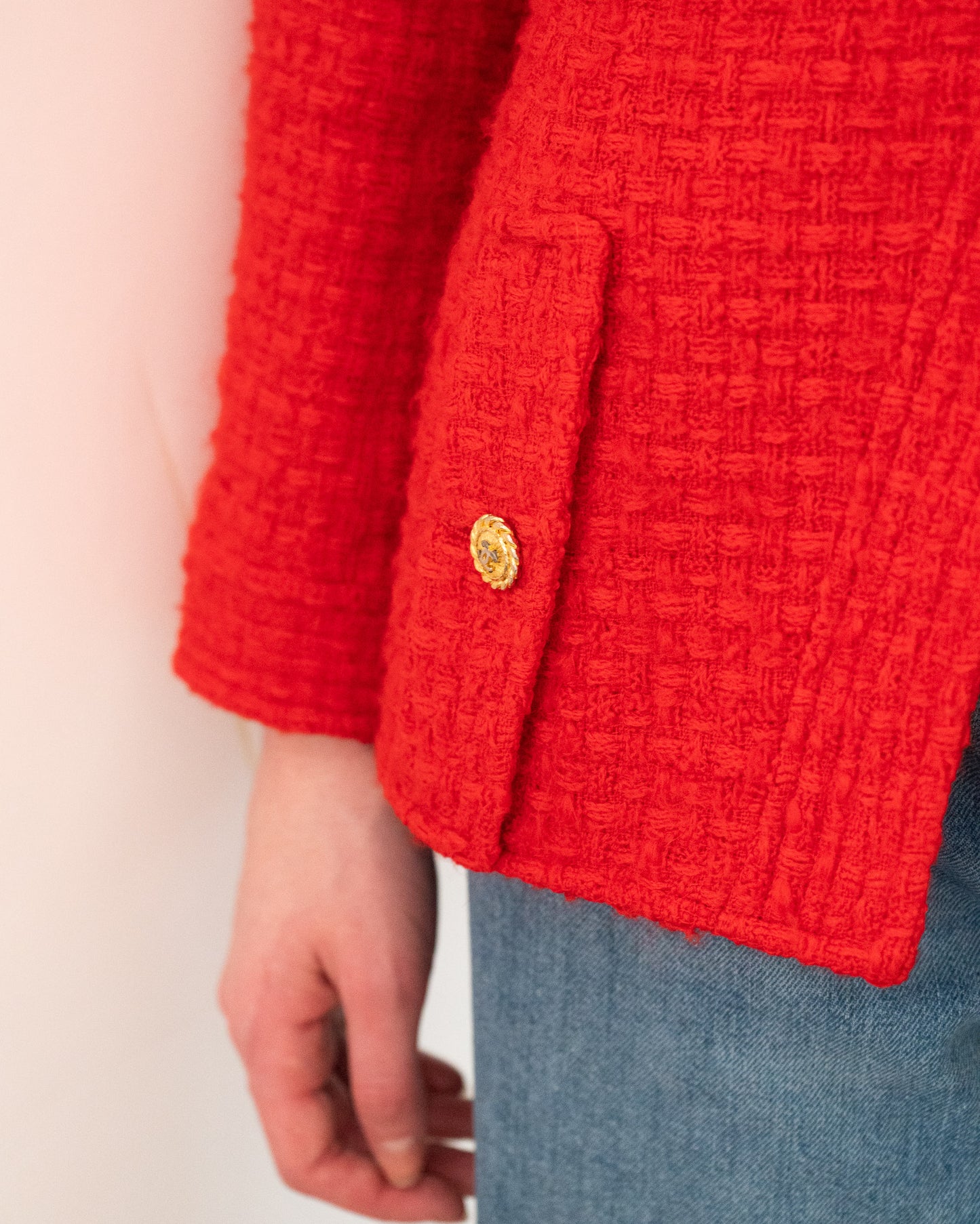 FR38-40 Rare Chanel Spring 1989 Four Pocket Collarless Red Wool Tweed Jacket - Vintage Chanel Jacket - - Rarchive.