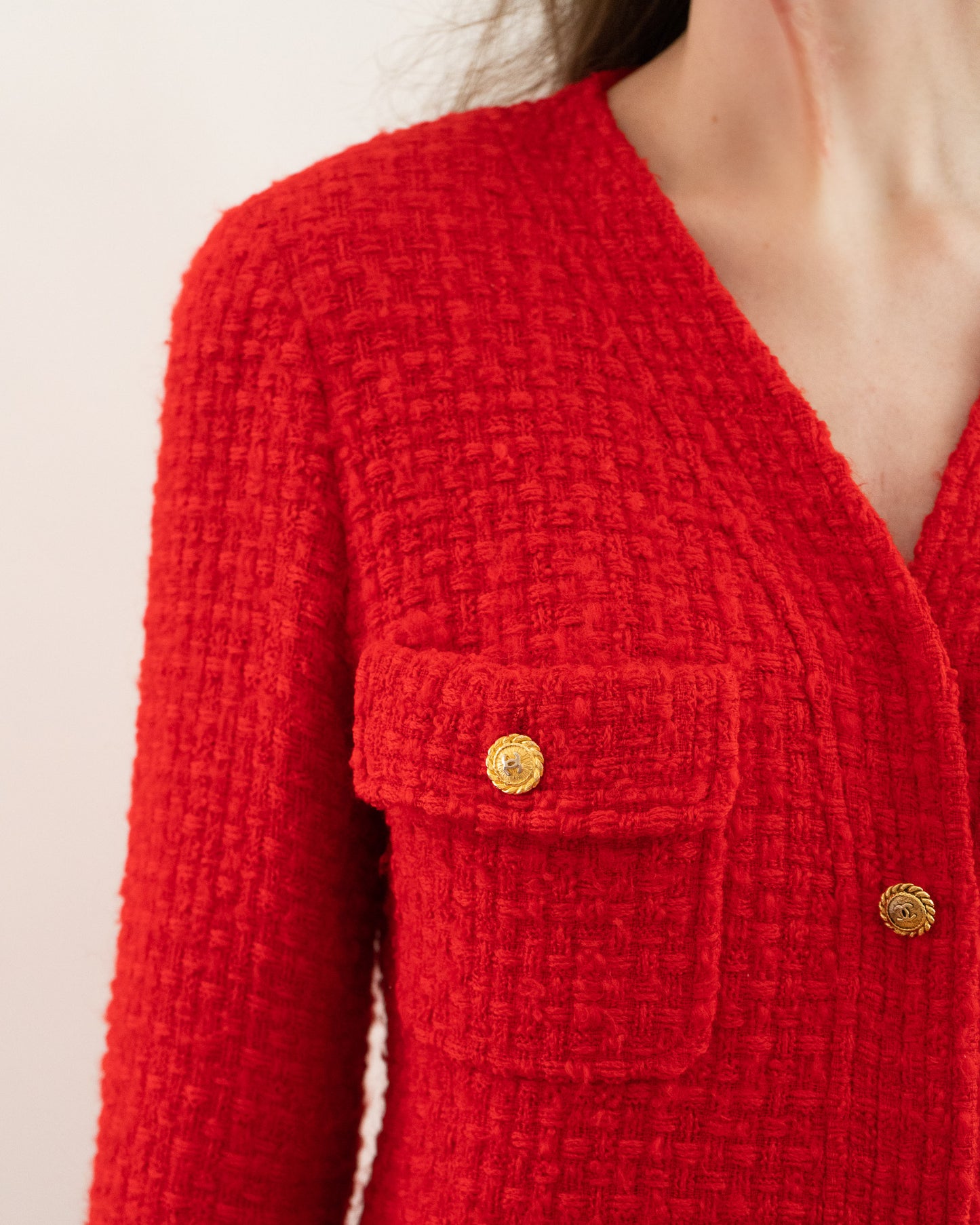 FR38-40 Rare Chanel Spring 1989 Four Pocket Collarless Red Wool Tweed Jacket - Vintage Chanel Jacket - - Rarchive.