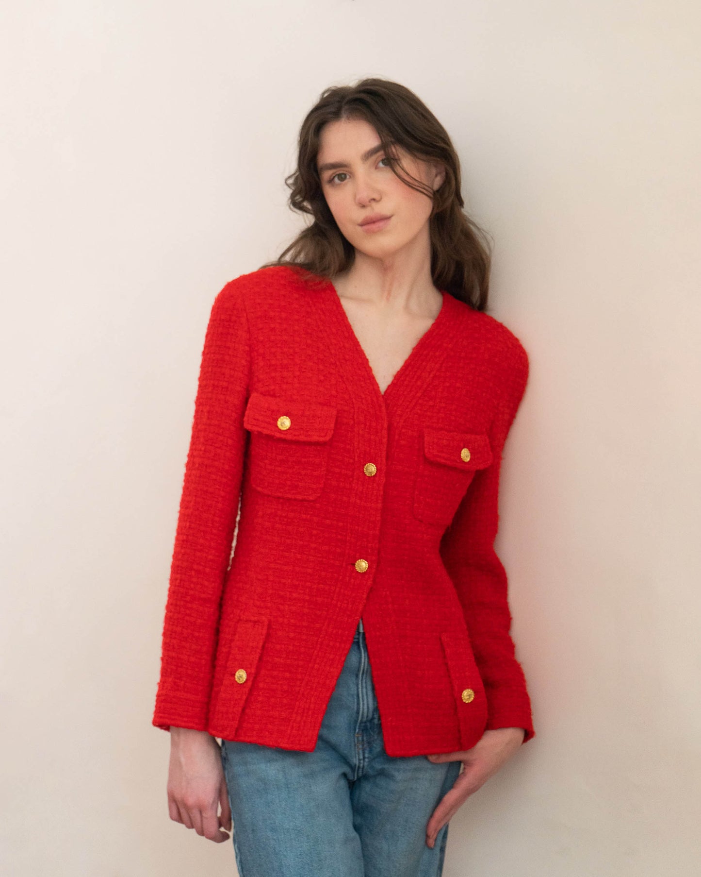 FR38-40 Rare Chanel Spring 1989 Four Pocket Collarless Red Wool Tweed Jacket - Vintage Chanel Jacket - - Rarchive.