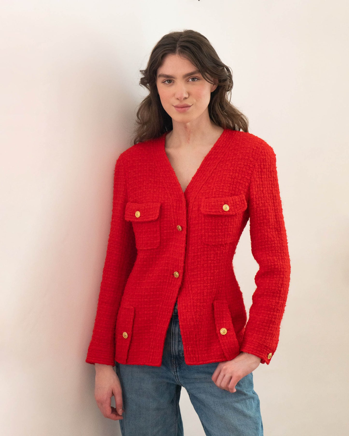 FR38-40 Rare Chanel Spring 1989 Four Pocket Collarless Red Wool Tweed Jacket - Vintage Chanel Jacket - - Rarchive.