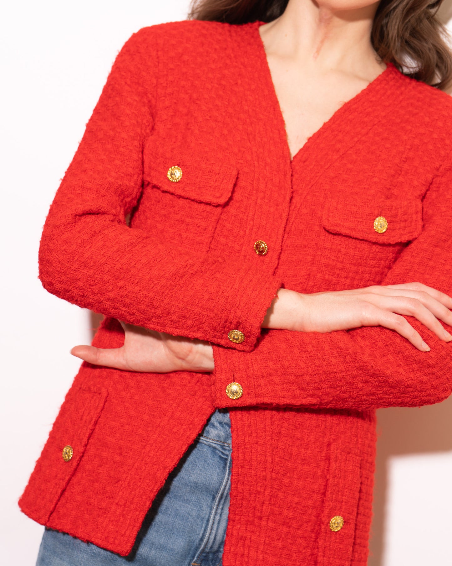 FR38-40 Rare Chanel Spring 1989 Four Pocket Collarless Red Wool Tweed Jacket - Vintage Chanel Jacket - - Rarchive.
