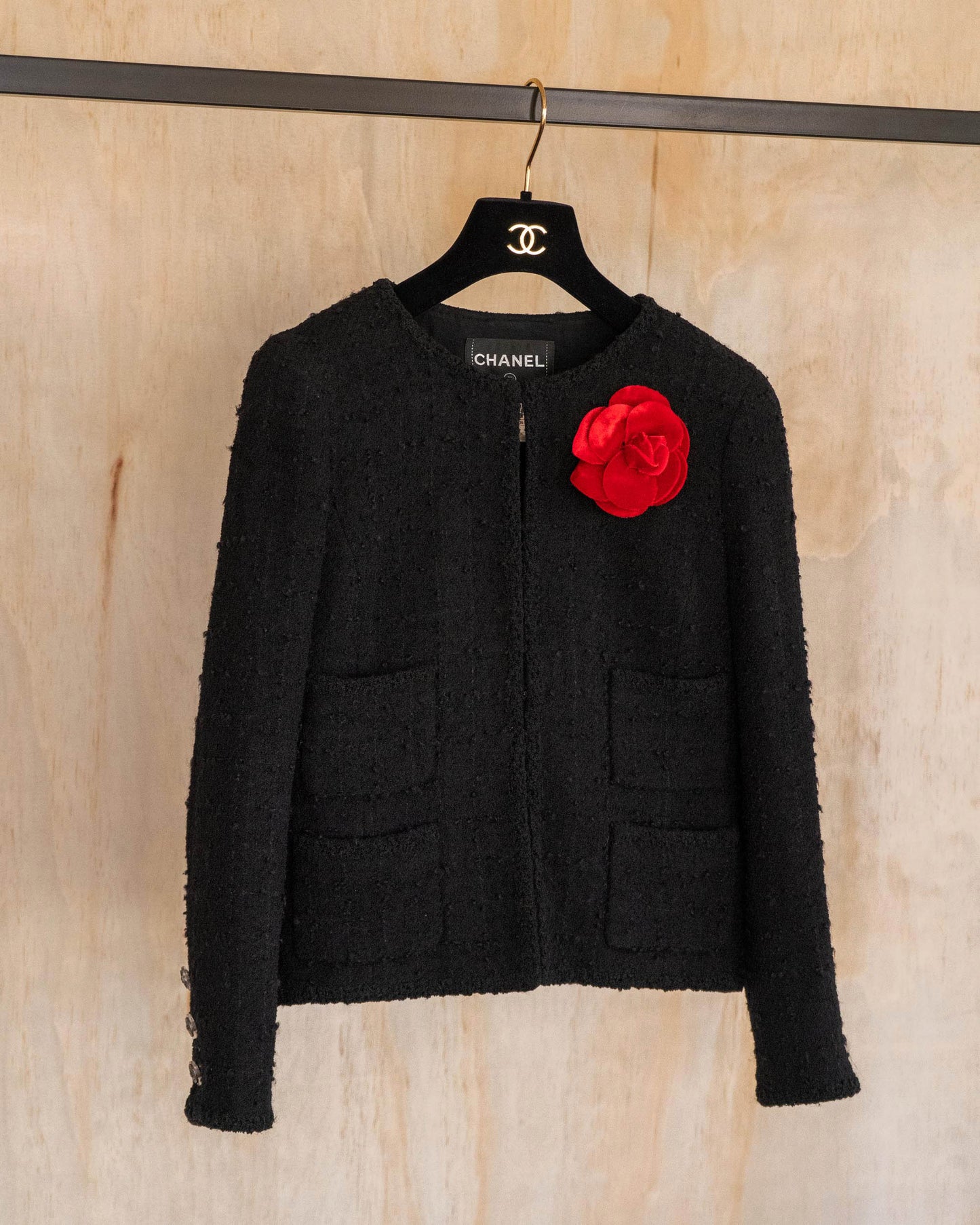 FR34-36 Chanel Fall 2009 Timeless Classic Collarless Four Pocket Black Tweed Jacket