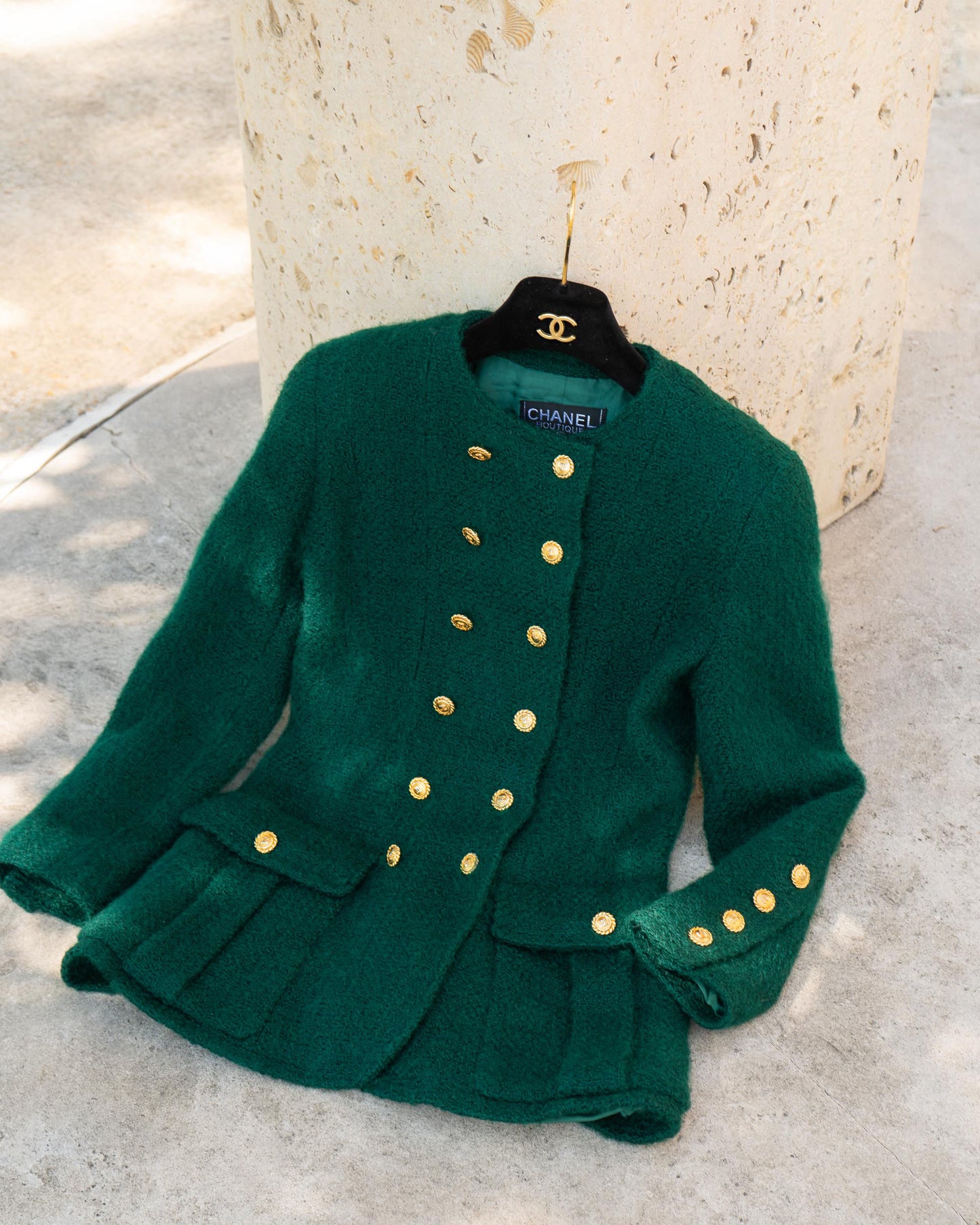 FR34-36 Chanel Fall 1988 Double Breasted Two Pocket Military Style Collarless Wool Jacket