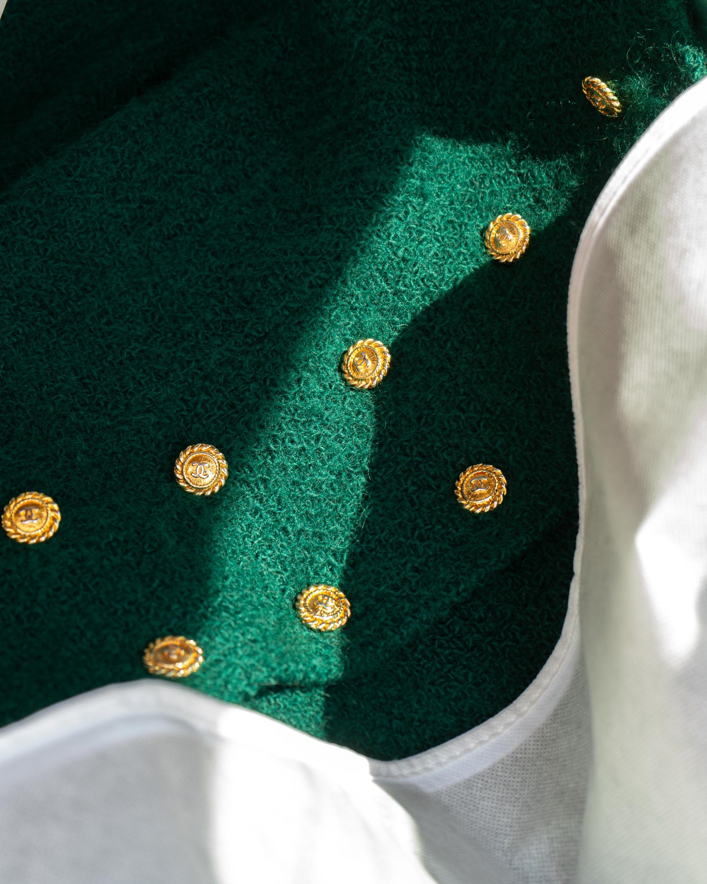 FR34-36 Chanel Fall 1988 Double Breasted Two Pocket Military Style Collarless Wool Jacket