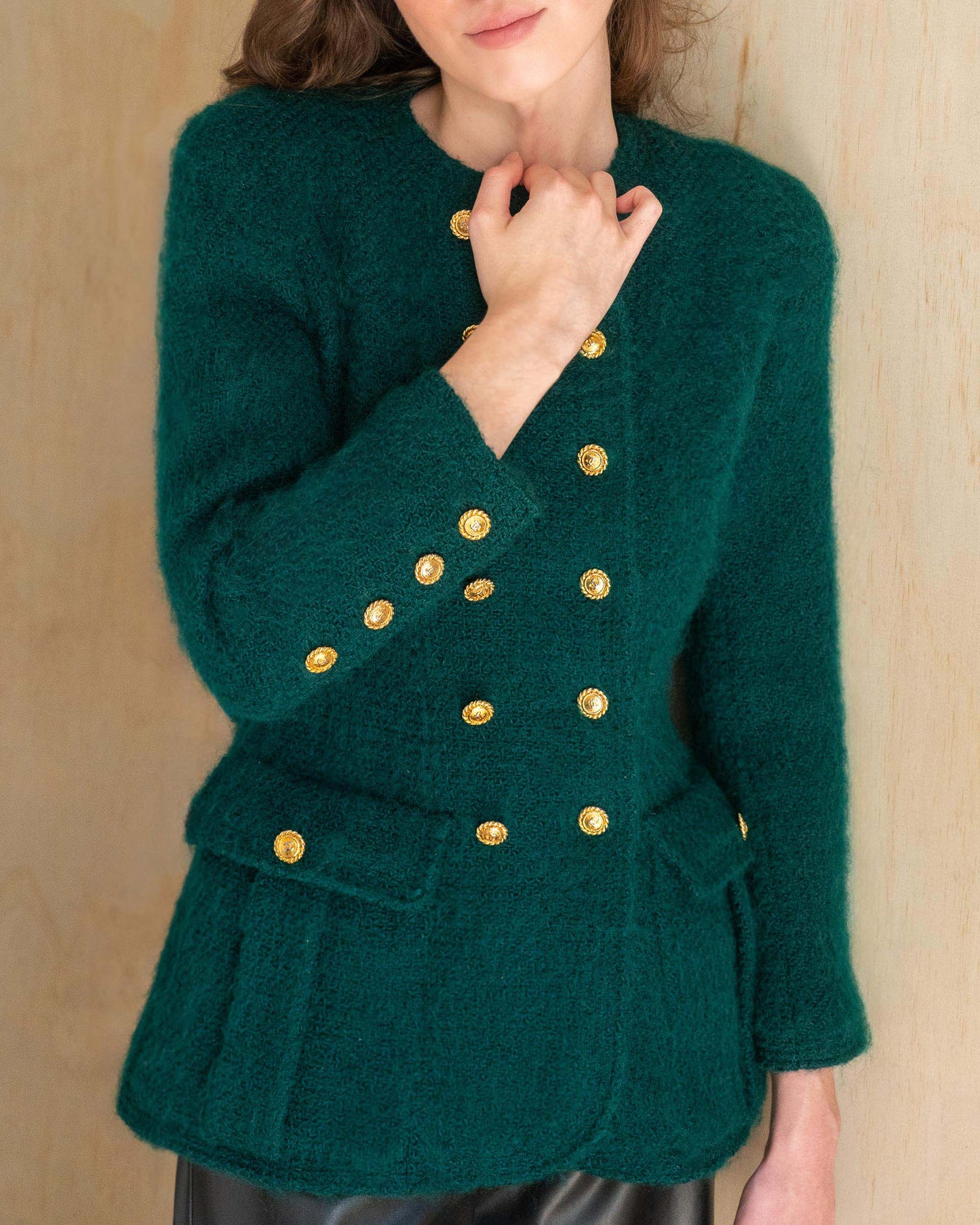 FR34-36 Chanel Fall 1988 Double Breasted Two Pocket Military Style Collarless Wool Jacket