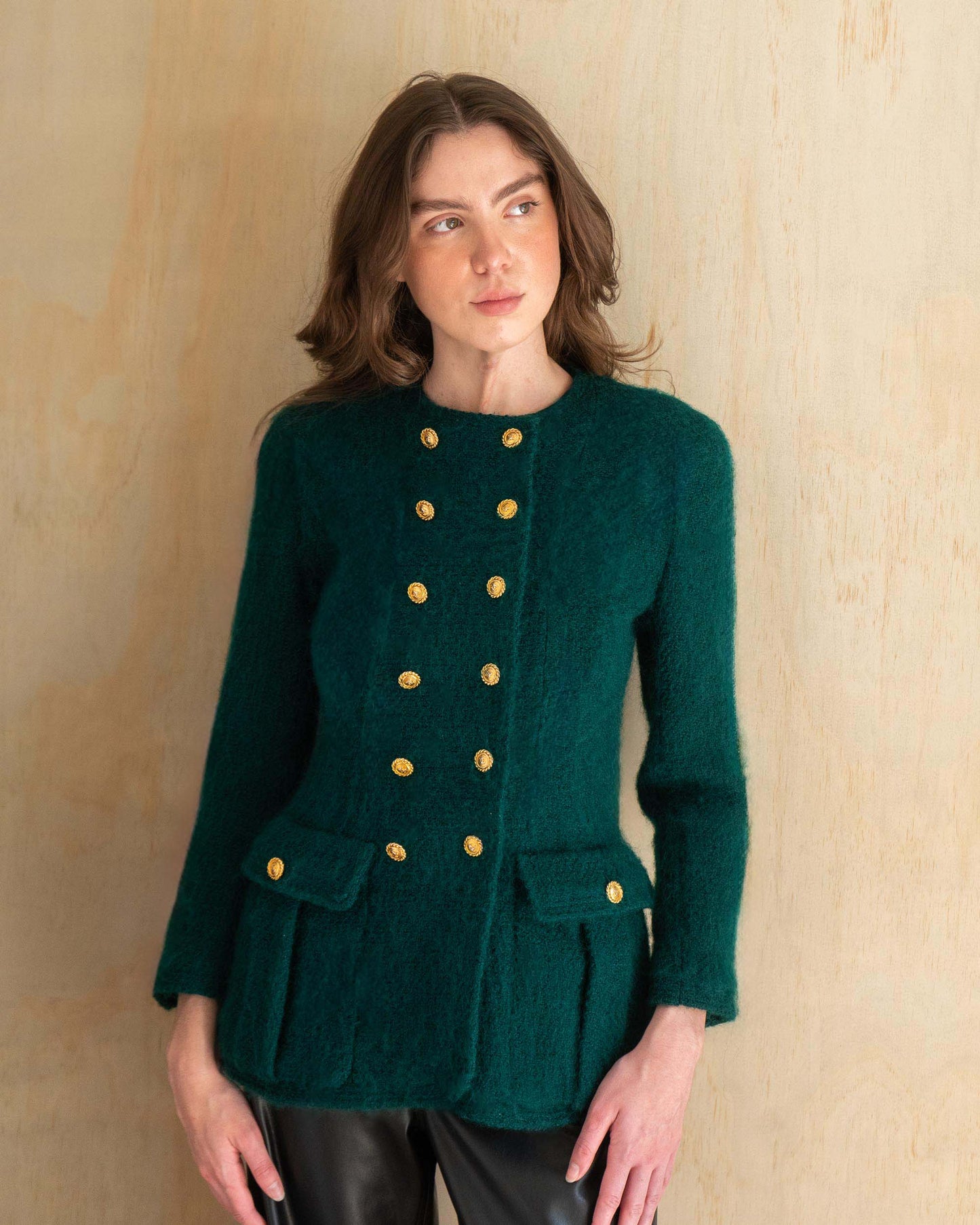 FR34-36 Chanel Fall 1988 Double Breasted Two Pocket Military Style Collarless Wool Jacket