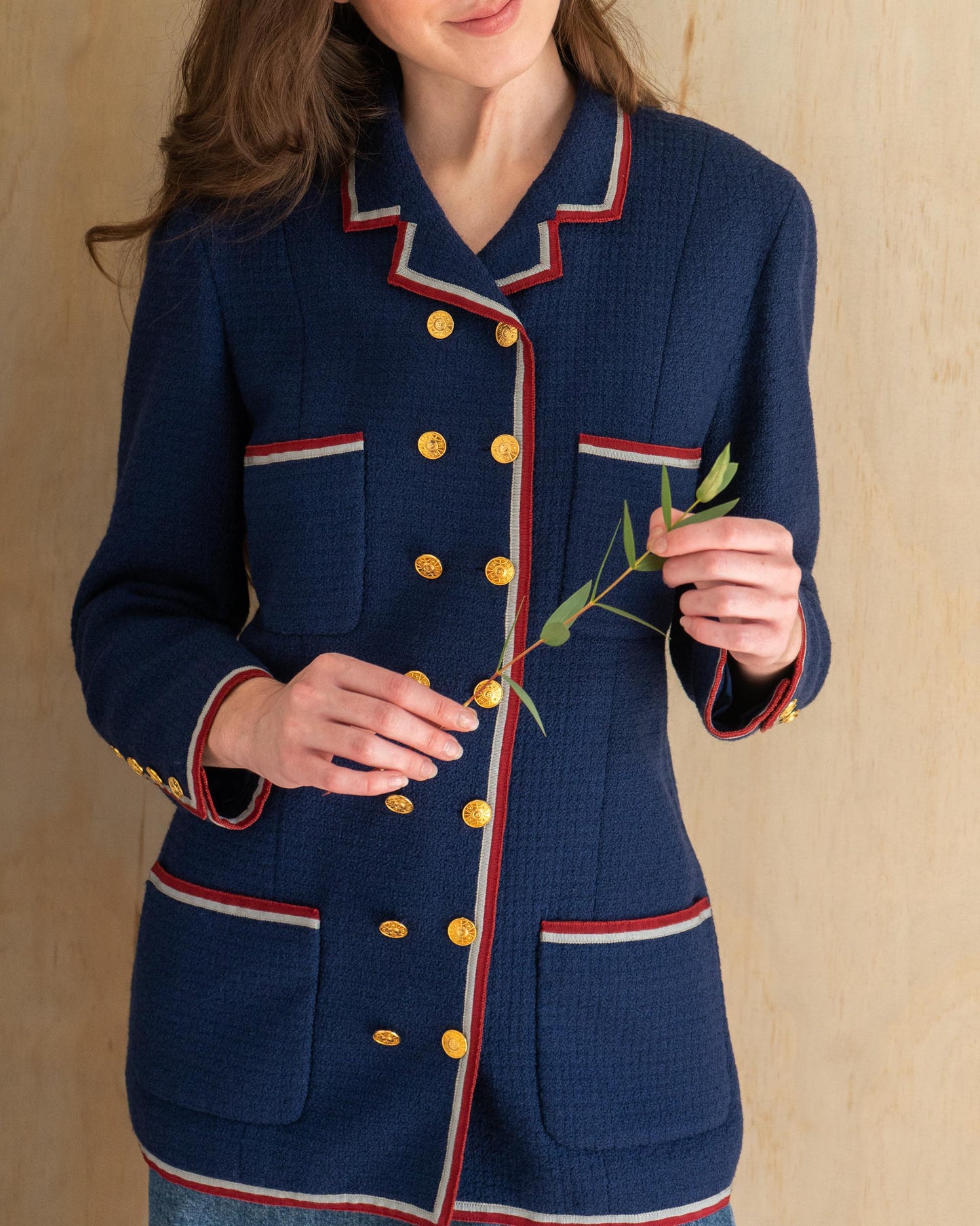 FR38-40 Chanel Fall 1989 Double Breasted Nautical Style Four Pocket Red and Grey Trim Wool Jacket
