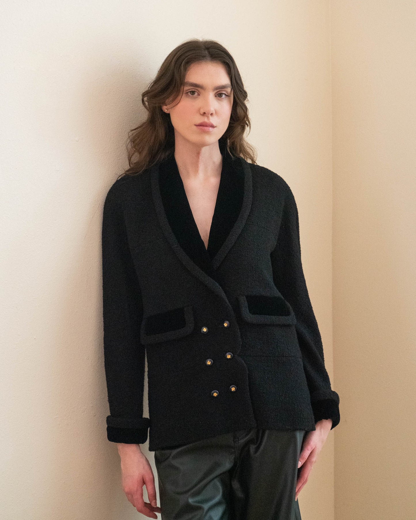 FR38-40 Chanel 1980s Two Pocket Double Breasted Wool and Velvet Jacket - Vintage Chanel Jacket - - Rarchive.