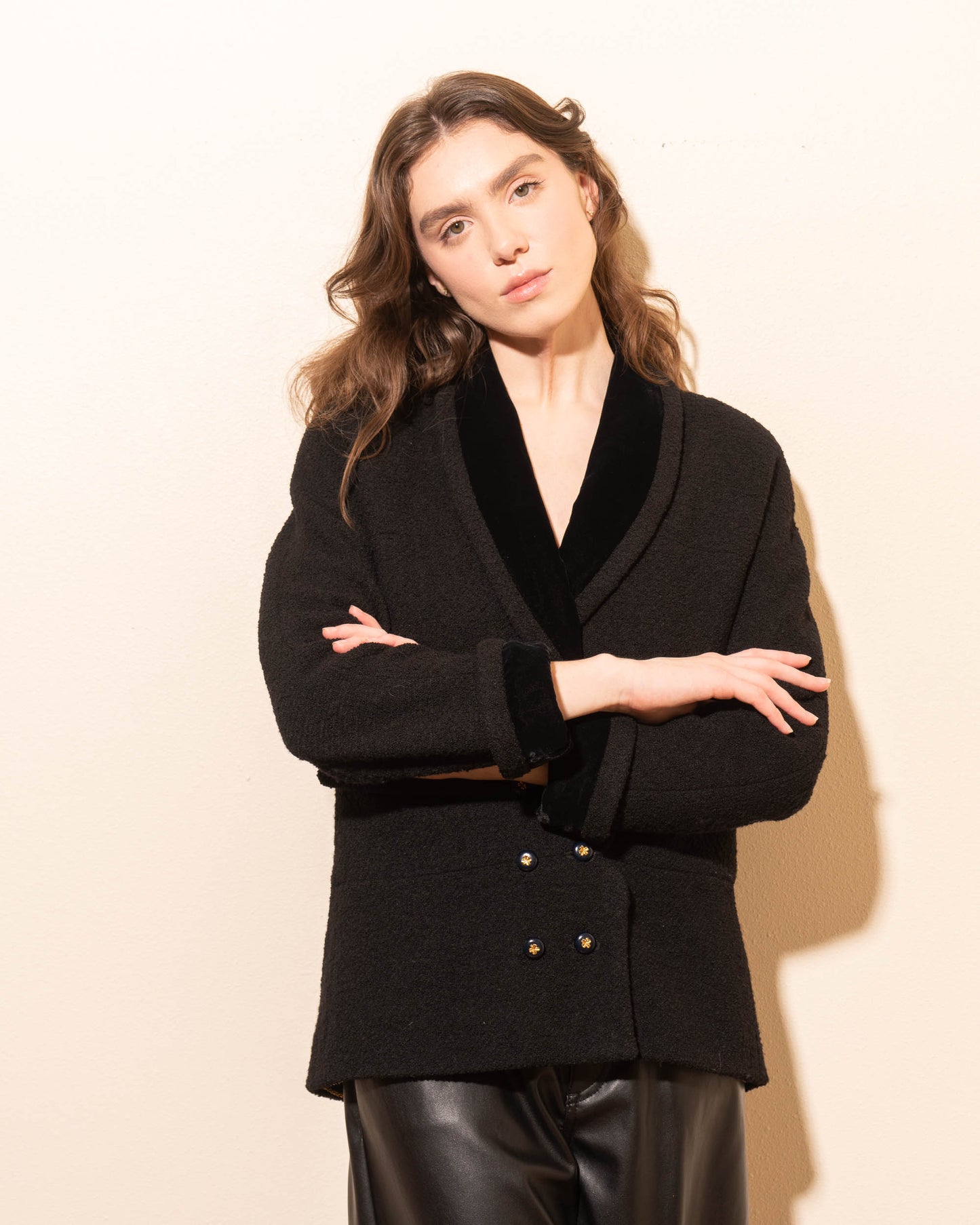 FR38-40 Chanel 1980s Two Pocket Double Breasted Wool and Velvet Jacket - Vintage Chanel Jacket - - Rarchive.