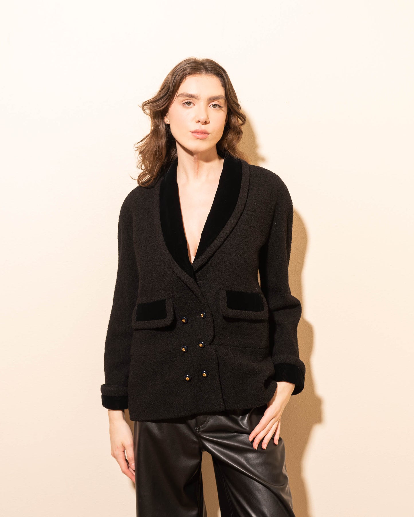 FR38-40 Chanel 1980s Two Pocket Double Breasted Wool and Velvet Jacket - Vintage Chanel Jacket - - Rarchive.