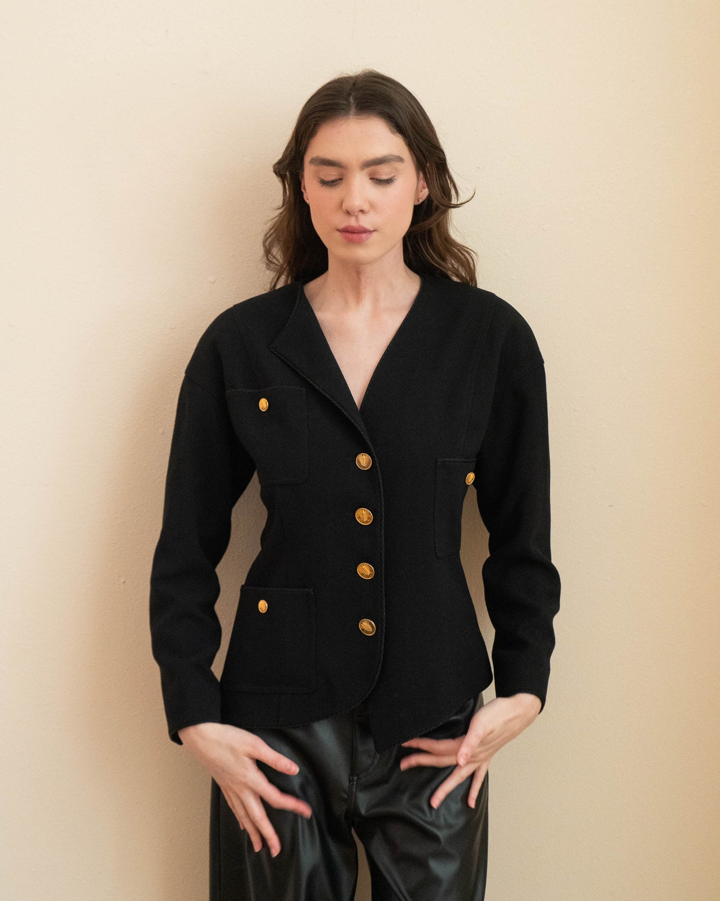 FR36-38 Chanel Spring 1987 Three Pocket Asymmetrical Cut Black Jacket - Vintage Chanel Jacket - - Rarchive.