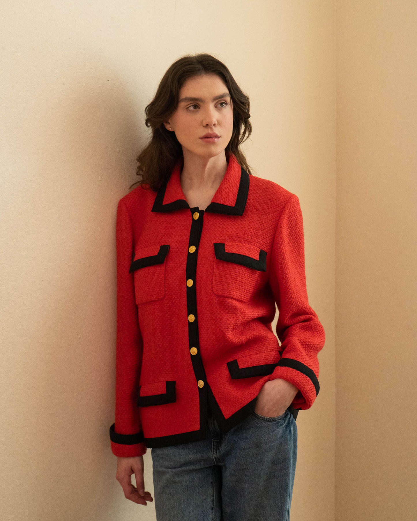 FR40-42 Chanel Fall 1989 Classic Four Pocket Red Wool Tweed Jacket - Vintage Chanel Jacket - - Rarchive.