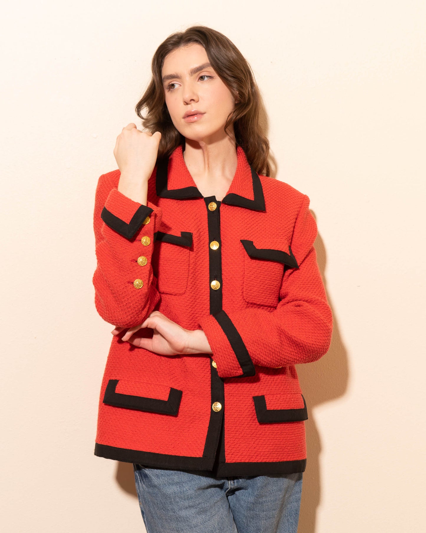 FR40-42 Chanel Fall 1989 Classic Four Pocket Red Wool Tweed Jacket - Vintage Chanel Jacket - - Rarchive.
