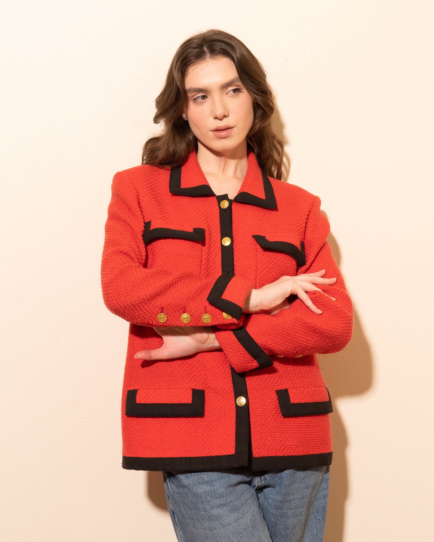 FR40-42 Chanel Fall 1989 Classic Four Pocket Red Wool Tweed Jacket - Vintage Chanel Jacket - - Rarchive.