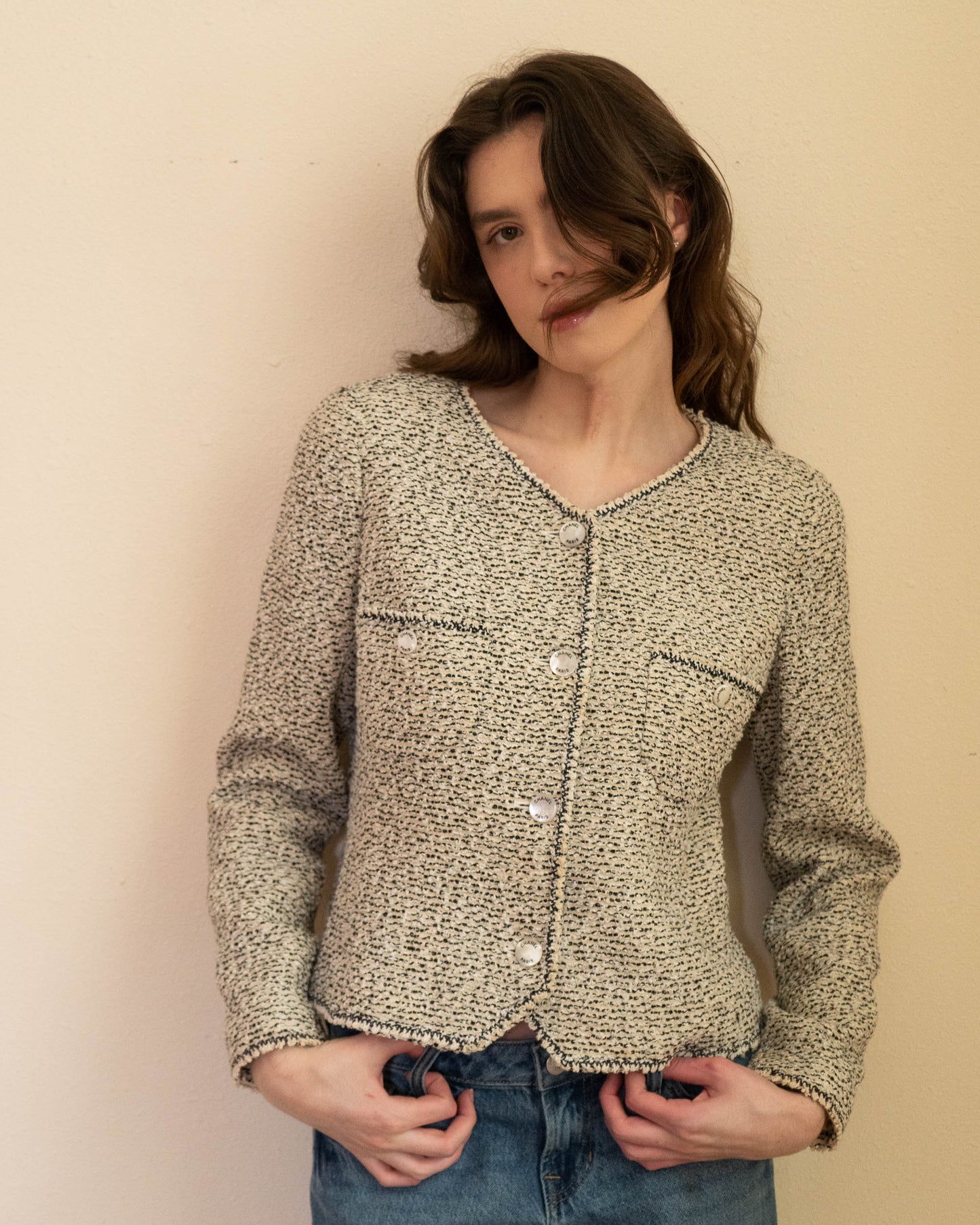 FR38-40 Chanel Spring 1997 Two Pocket Collarless Fantasy Tweed Jacket - Vintage Chanel Jacket - - Rarchive.