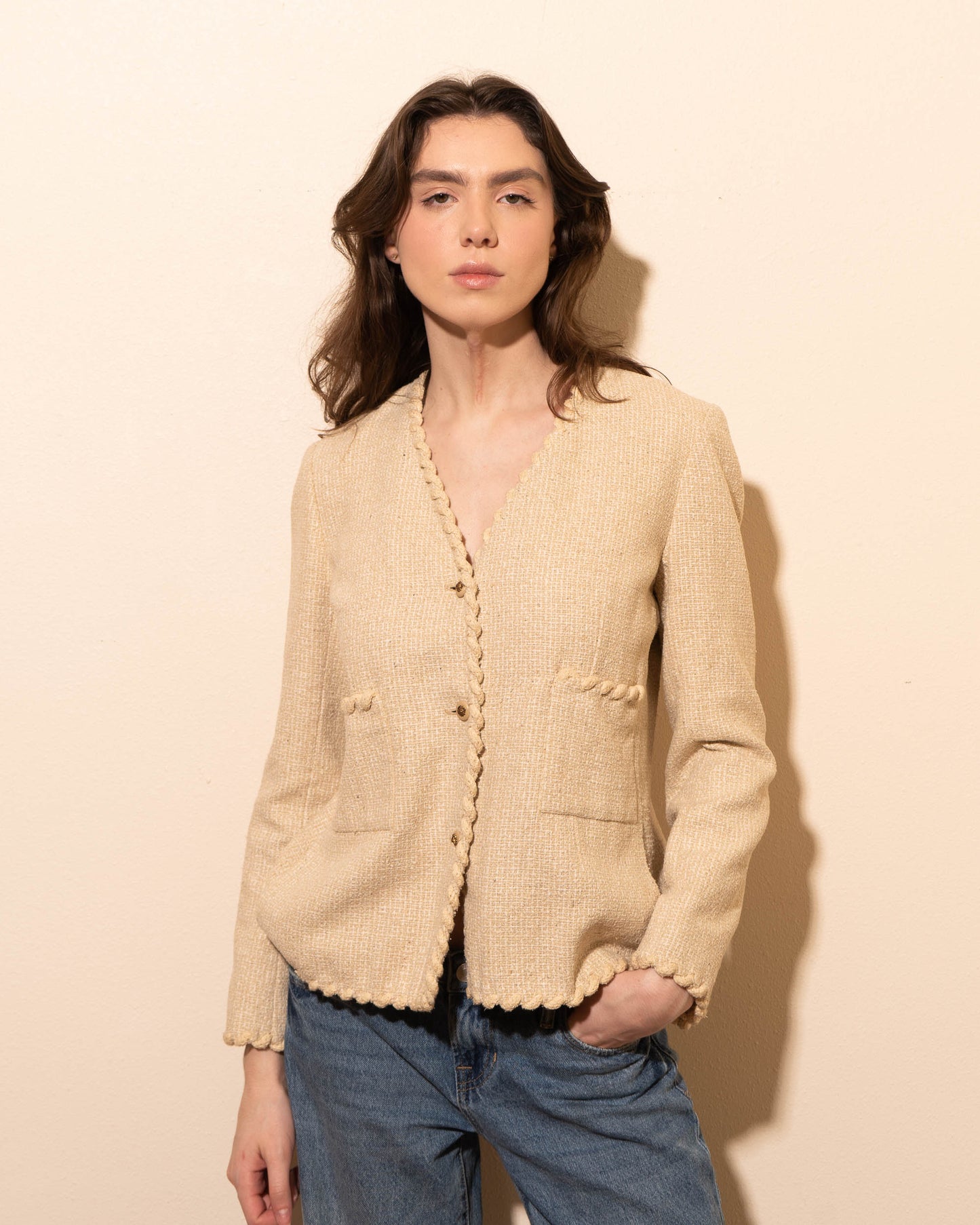 FR38-40 Chanel Creations 1970s Two-Pocketed Beige Jacket - Vintage Chanel Jacket - - Rarchive.