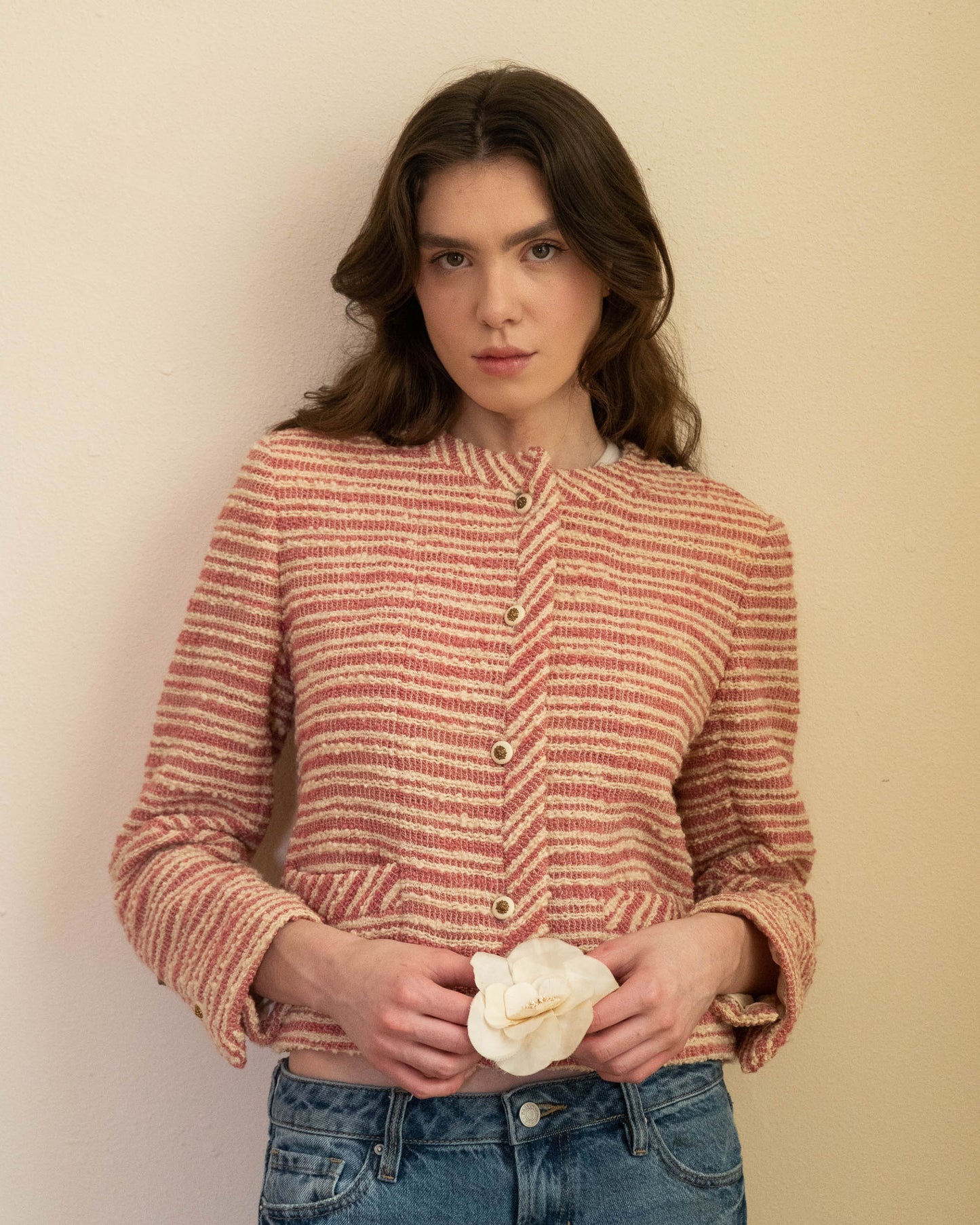 FR38-40 Chanel Creations 1970s Two Pocket Collarless Striped Tweed Jacket - Vintage Chanel Jacket - - Rarchive.