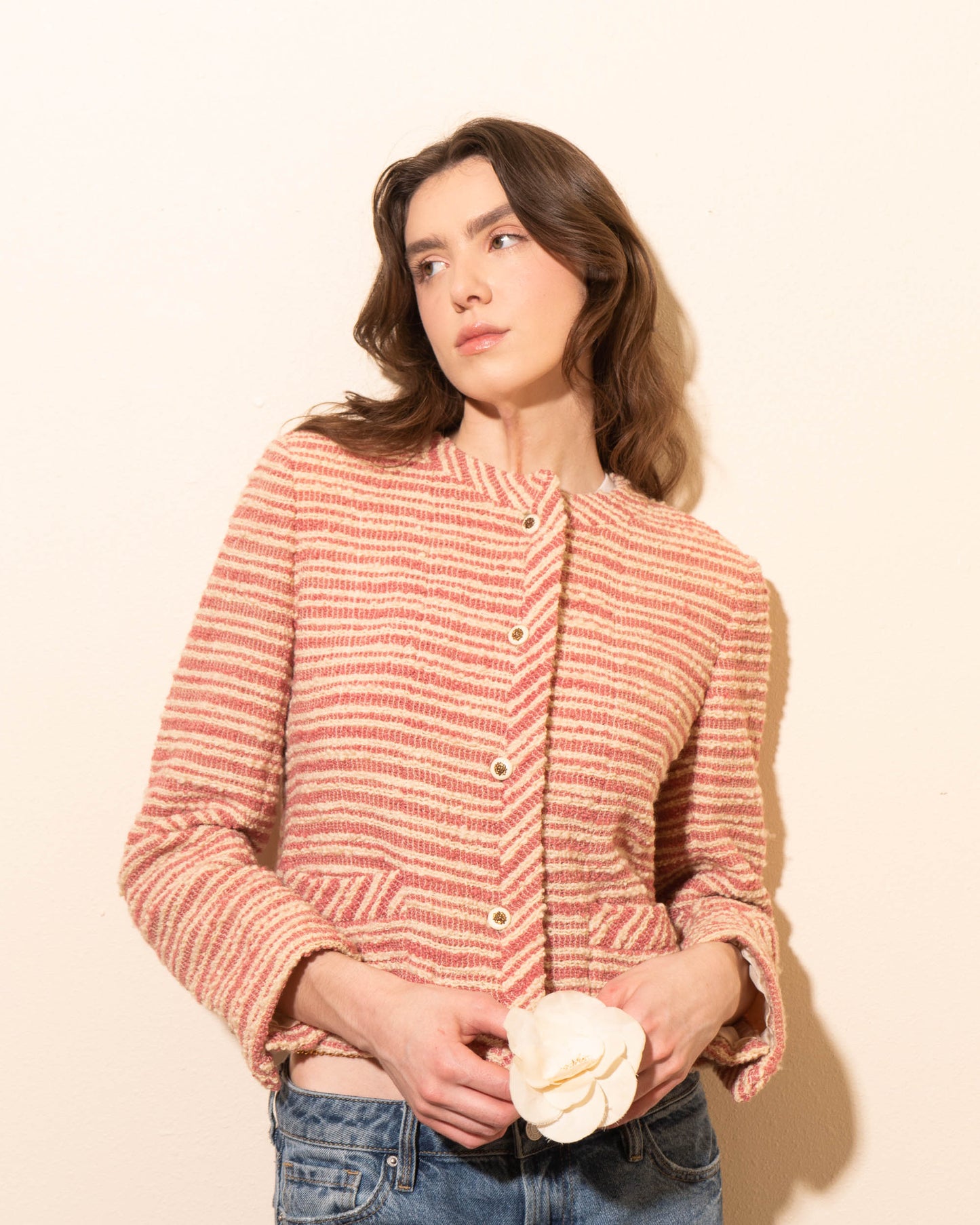 FR38-40 Chanel Creations 1970s Two Pocket Collarless Striped Tweed Jacket - Vintage Chanel Jacket - - Rarchive.