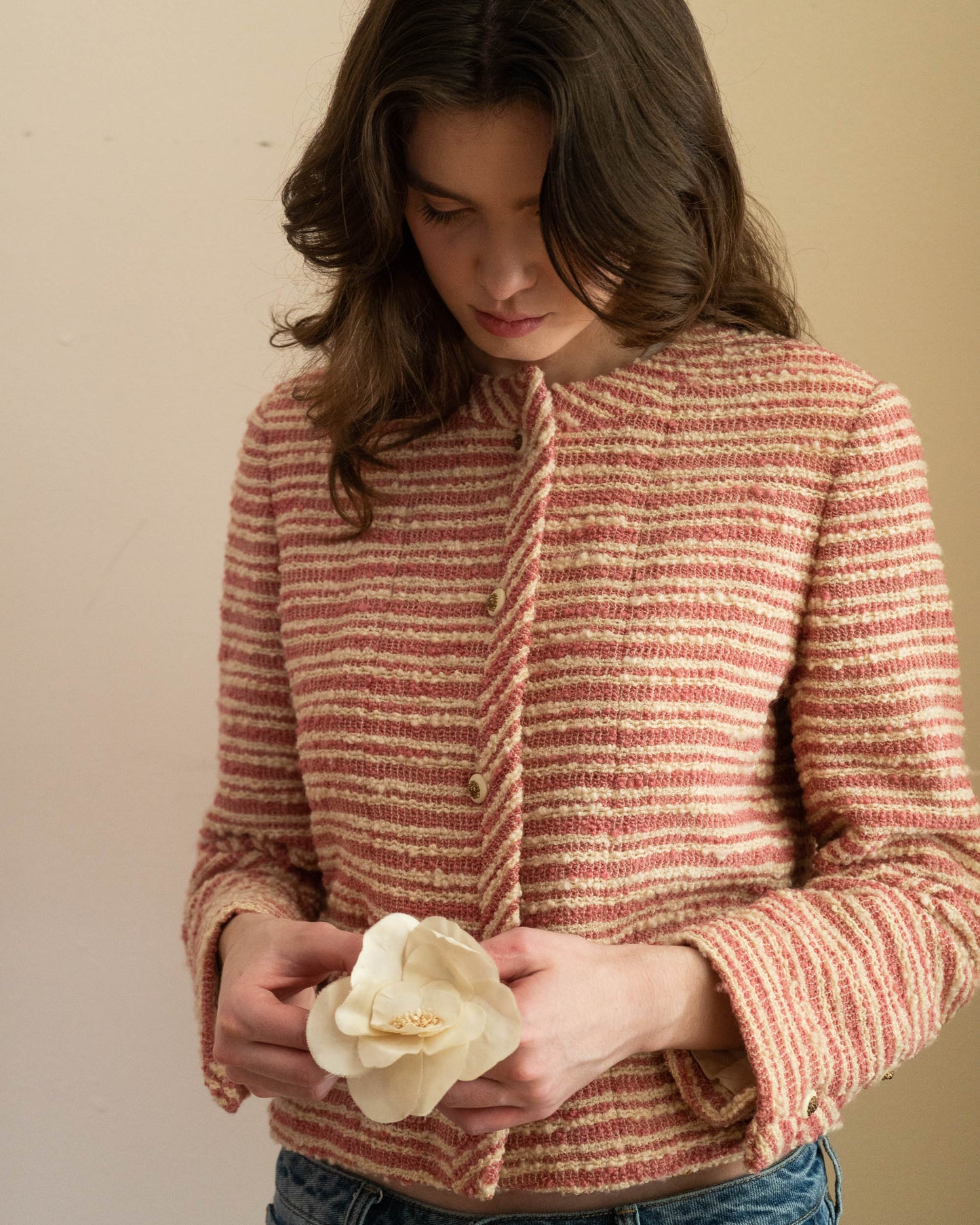FR38-40 Chanel Creations 1970s Two Pocket Collarless Striped Tweed Jacket - Vintage Chanel Jacket - - Rarchive.